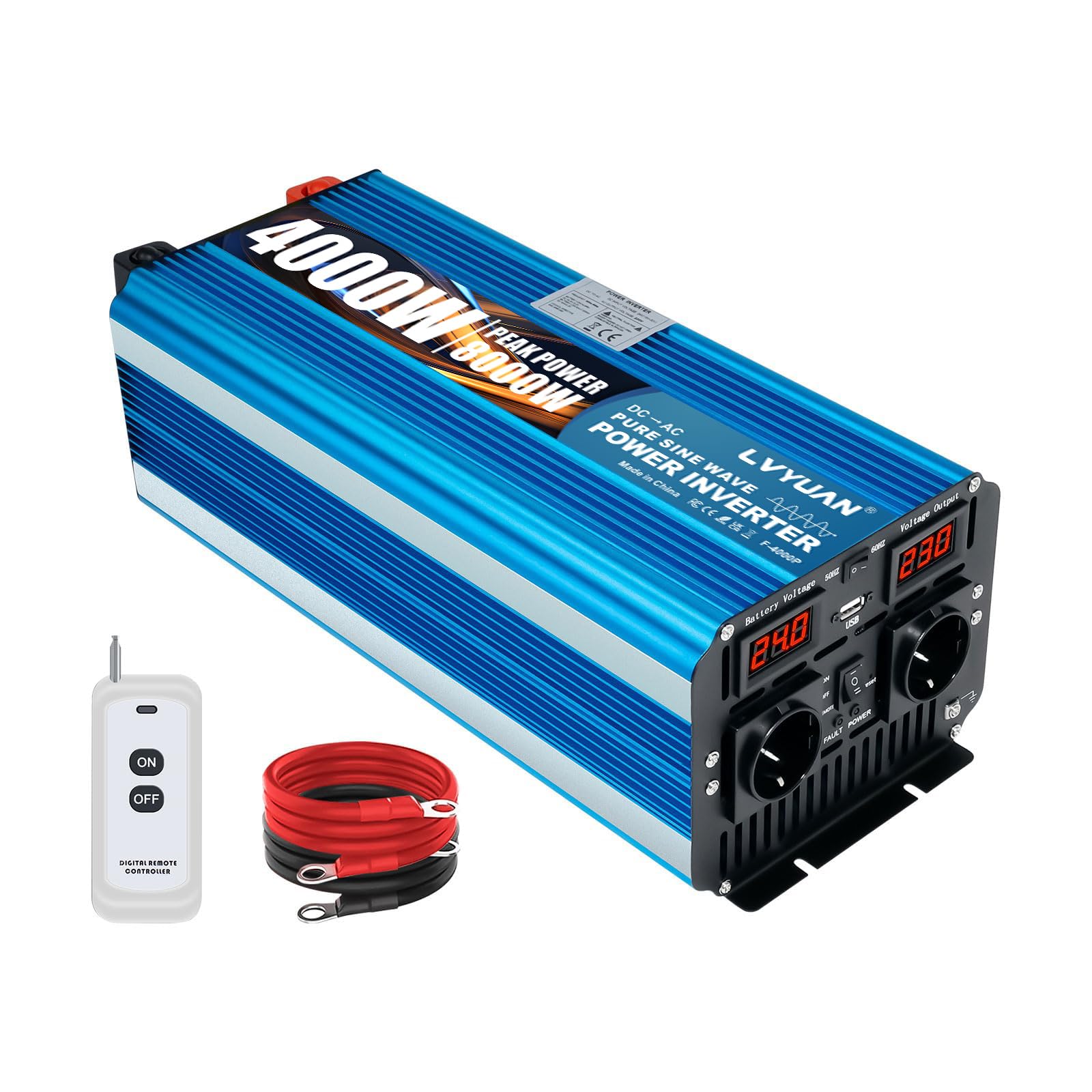 LVYUAN Convertidor 24 V 220 V 4000 W/8000 W Puro sinusal inversor Transformador-2 enchufes EU AC, USB, Mando a Distancia inalámbrico y Pantalla LED para Sistemas solares, Coches, Camping, Viajes