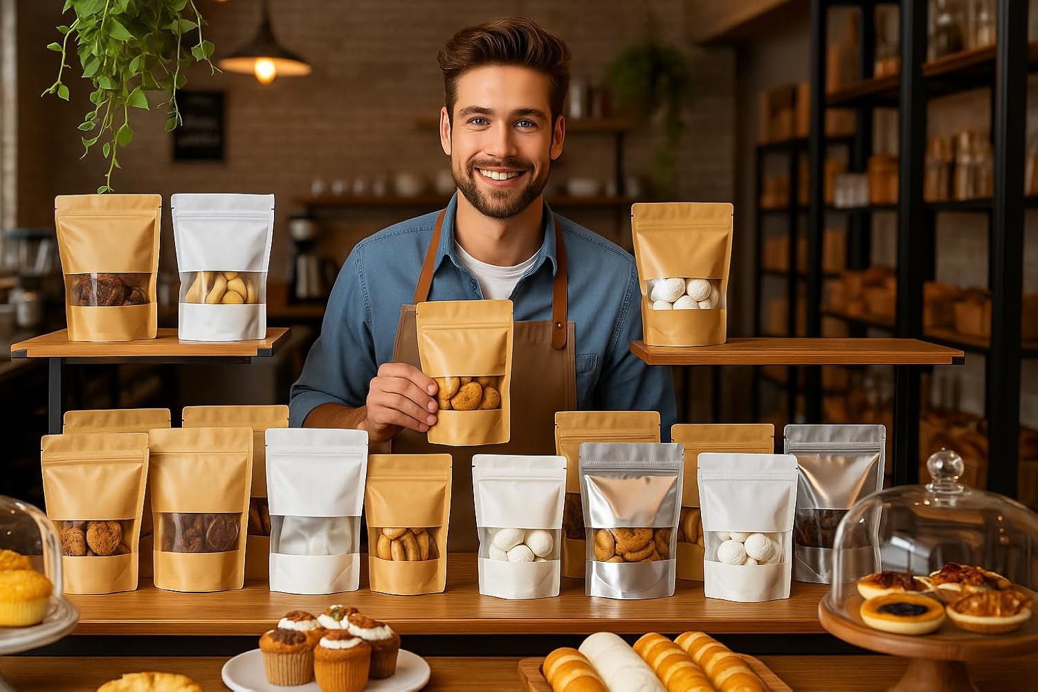 Premium 100 PCS Stand-Up Ziplock White paper Pouches (7.9x11.8 inch) – Resealable Food Storage Bags with Clear Window for Snacks, Coffee, Candy – Reusable, Leakproof, Eco-Friendly