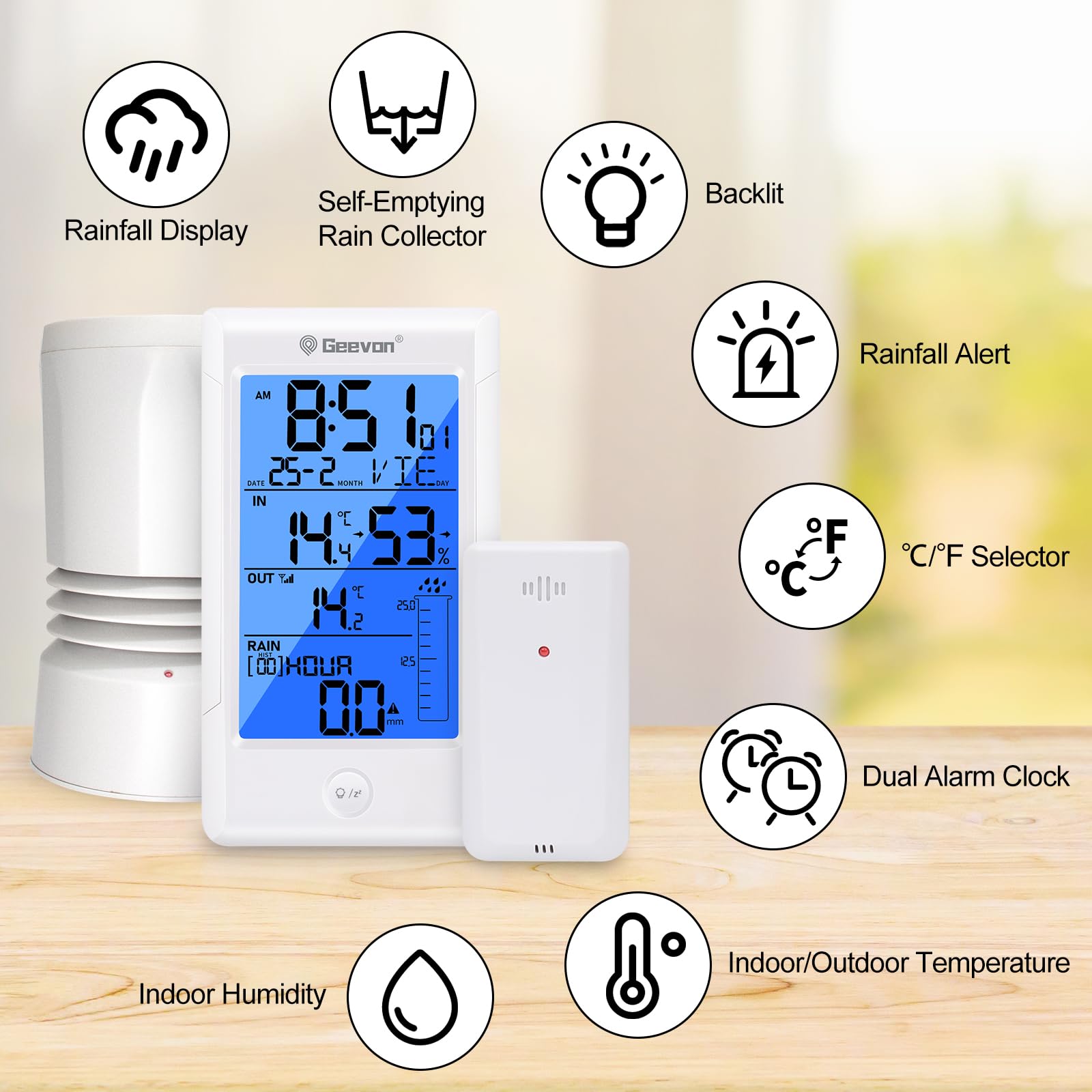 Geevon Digitaler Regenmesser mit Thermometer, Niederschlagsmessung im Freien, genaue Daten klare Anzeige, breiter Erfassungsbereich, Hochwasseralarm, einfache Einrichtung, Außentemperatursensor