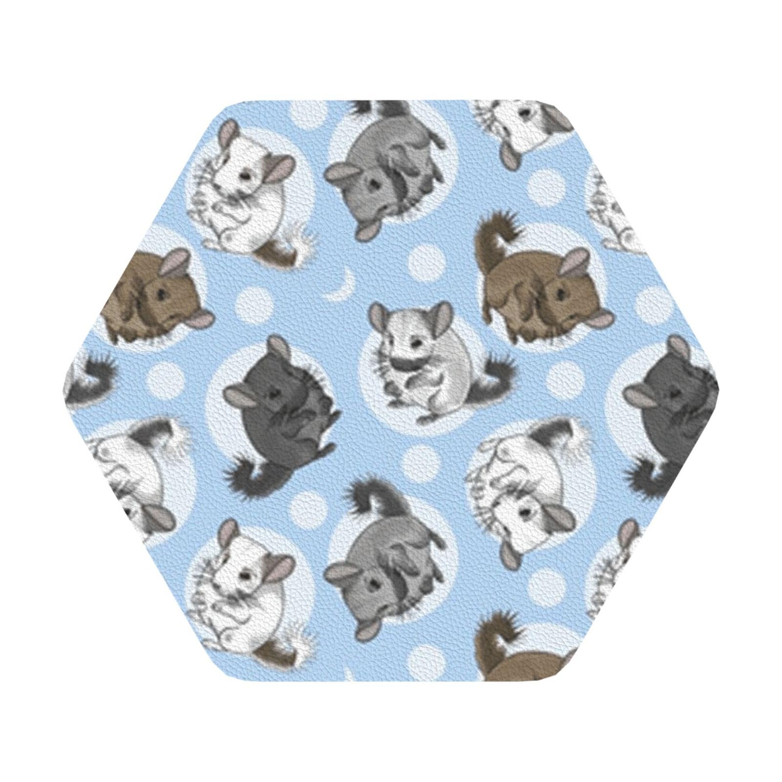 Blue Chinchillas And Moon PU Leather Coasters Set of 6 Hexagon Drink Coasters