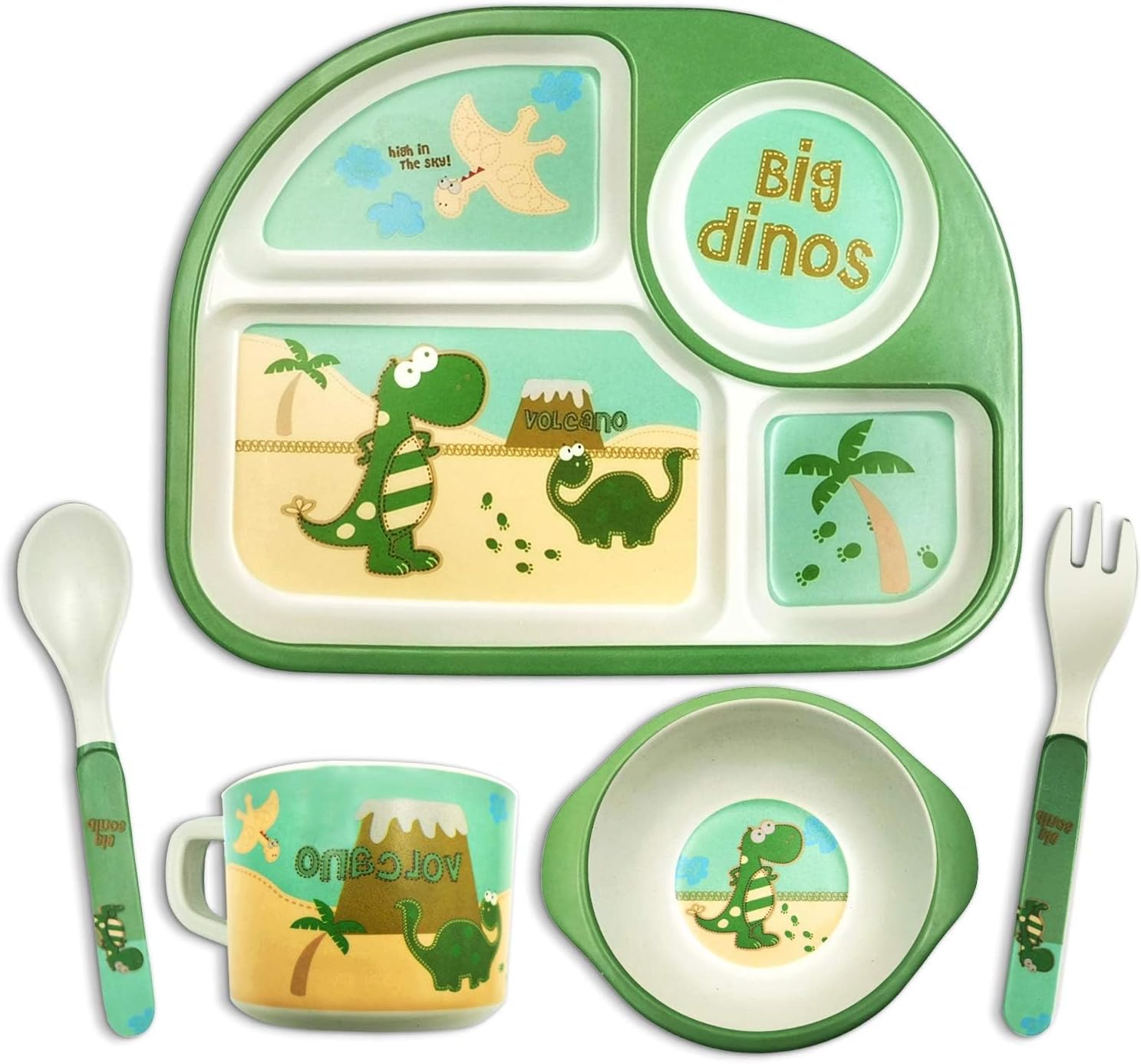 Excefore Dinosaur Themed Toddler Plates and Bowls Set - Bamboo Dinnerware Kids Feeding Set with Divided Plate, Bowl, Cup, Fork, and Spoon - BPA Free, Dishwasher Safe, Suitable for Ages 3-12