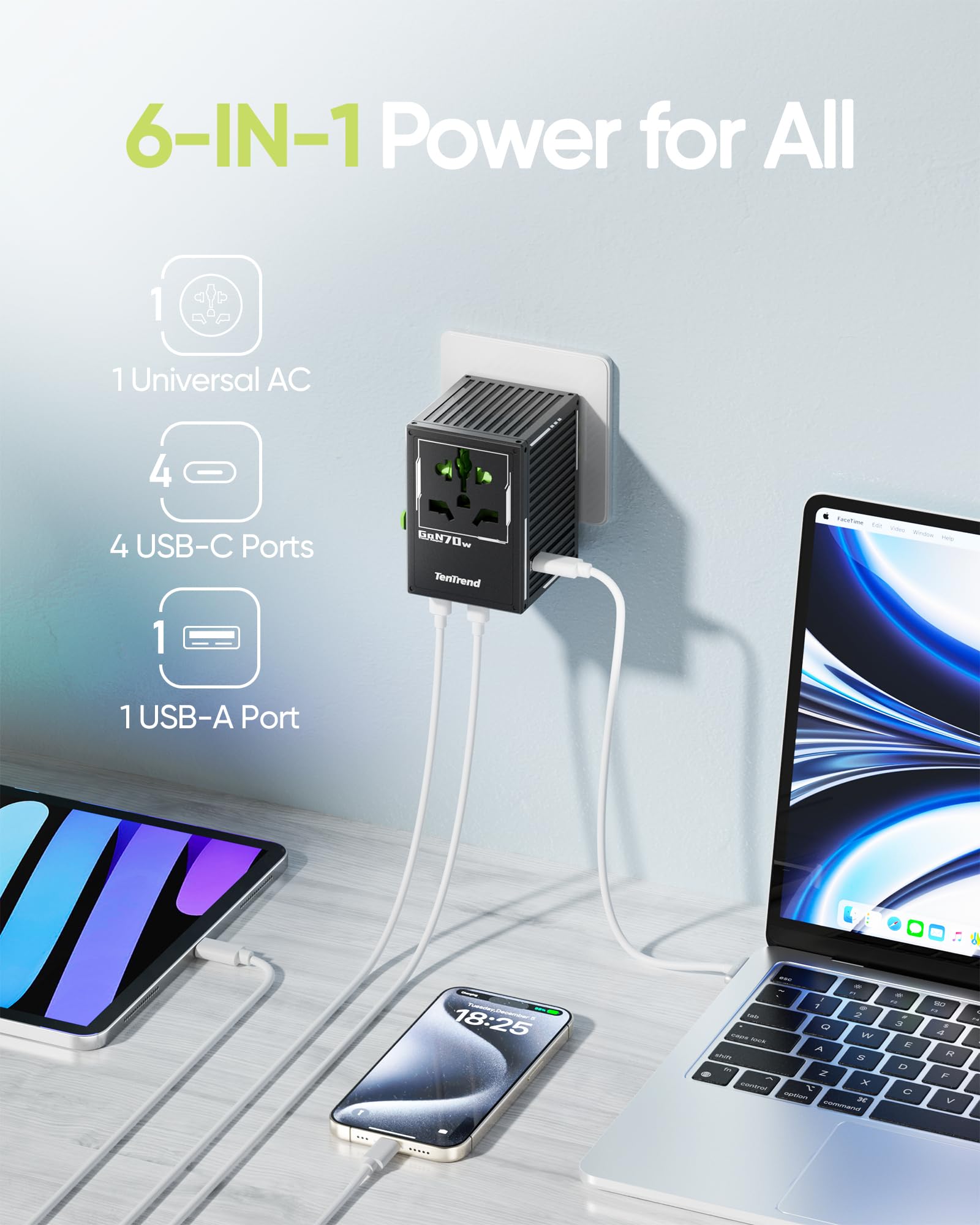 TenTrend - Adaptador universal de viaje, adaptador de corriente internacional de 70 W con 4 puertos USB-C y 1 USB-A, adaptador de enchufe de viaje europeo, esencial de viaje en todo el mundo para la