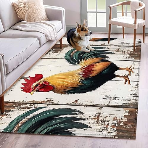 4x6 Area Rugs, Vintage Rooster Non-Skid Rubber Backing Large Rectangle Rugs - Living Room Bedroom Home Office, Retro Farmhouse Rooster Watercolor