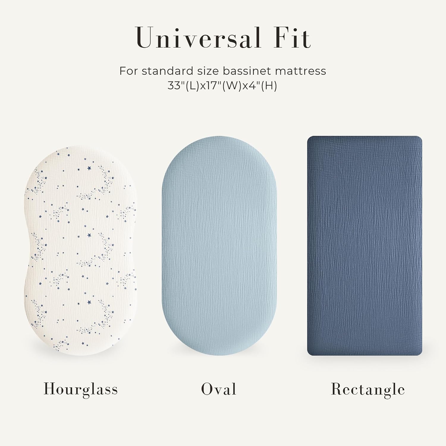 MairMore 3 Pack Muslin Bassinet Sheets for Babies, Soft & Breathable 100% Cotton Fitted Sheets for Oval, Rectangle, Hourglass Bassinet Mattress Pads (Starry Sky)