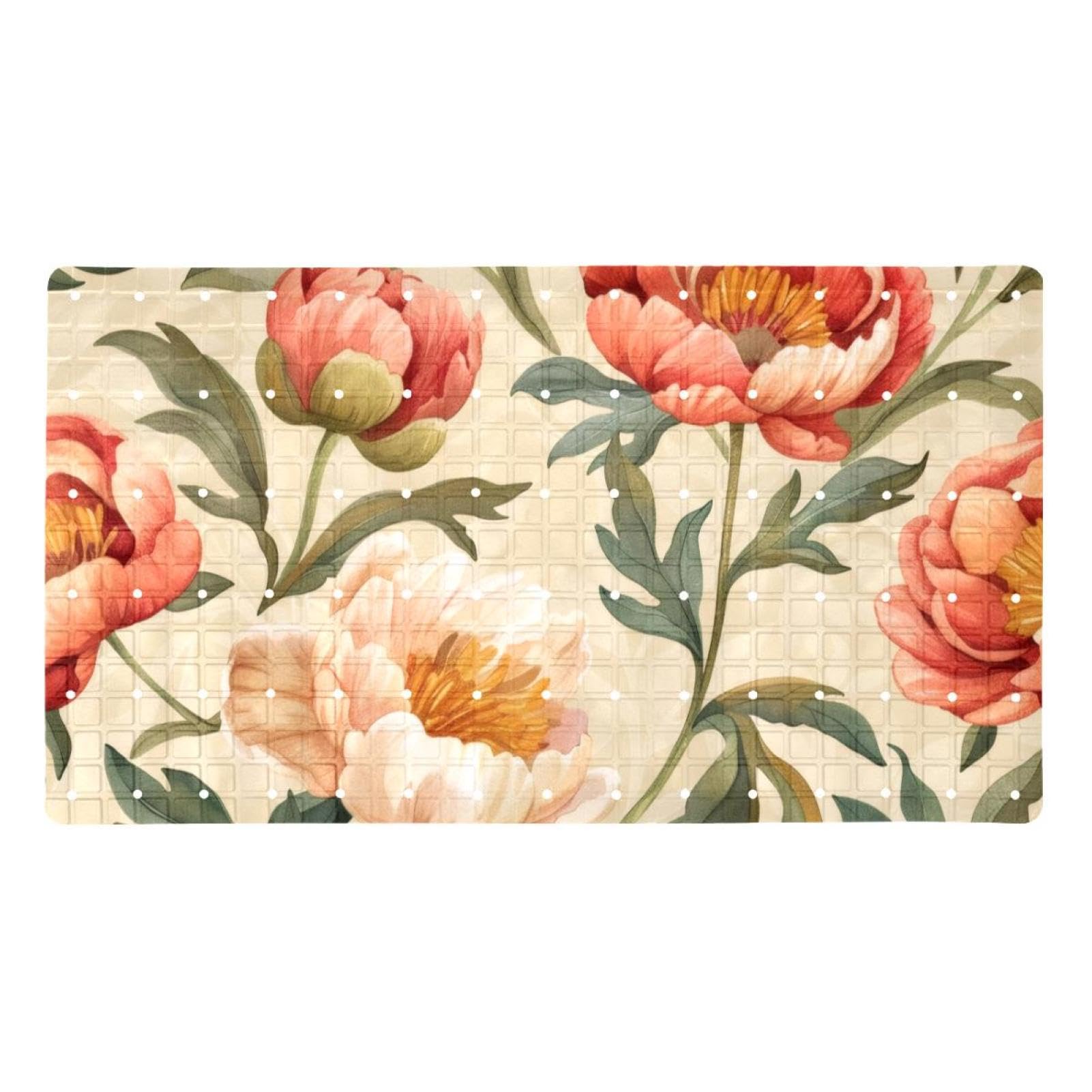 Badematte mit Saugnäpfen, Motiv: Blumen und Knospen, Pfingstrosen auf beigem Hintergrund, 39,9 x 70,9 cm, rutschfeste Badezimmermatten, maschinenwaschbar