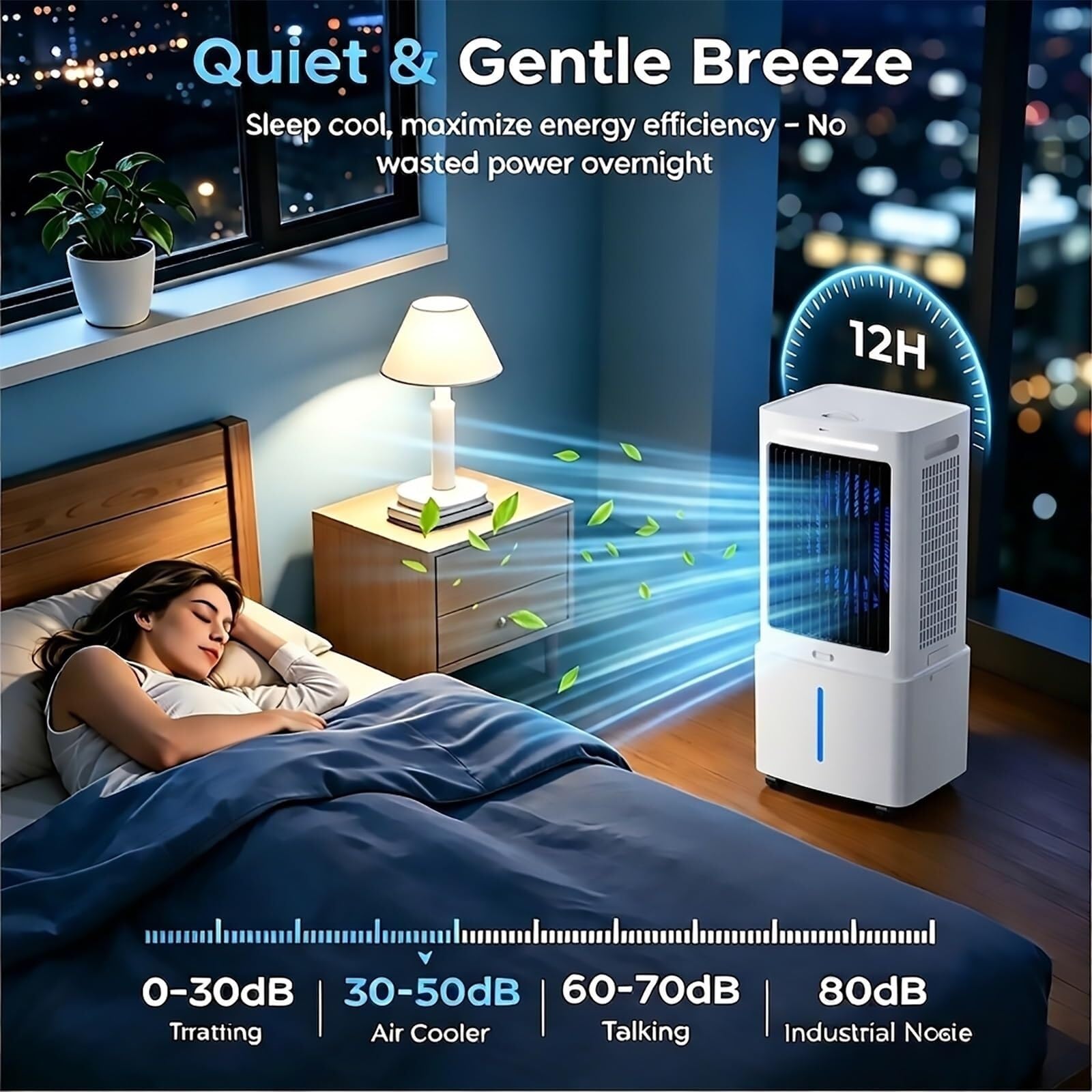 Przenośna chłodnica wyparna zbiornika 12L | Wentylator, nawilżacz powietrza i lodówka 3 w 1, 1177 CFM, oscylacja 120°, 65 W, mobilny z kołami 360°. 25 l