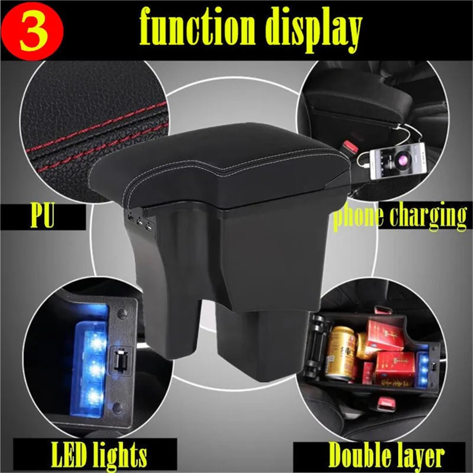 Konsola Środkowa Pasuje do Hyundaia Pasuje do SOLARISA Pasuje do Hyundaia Pasuje do Accent RB Podłokietnik samochodowy Schowek centralny Modernizacja USB(A3 Black leather)