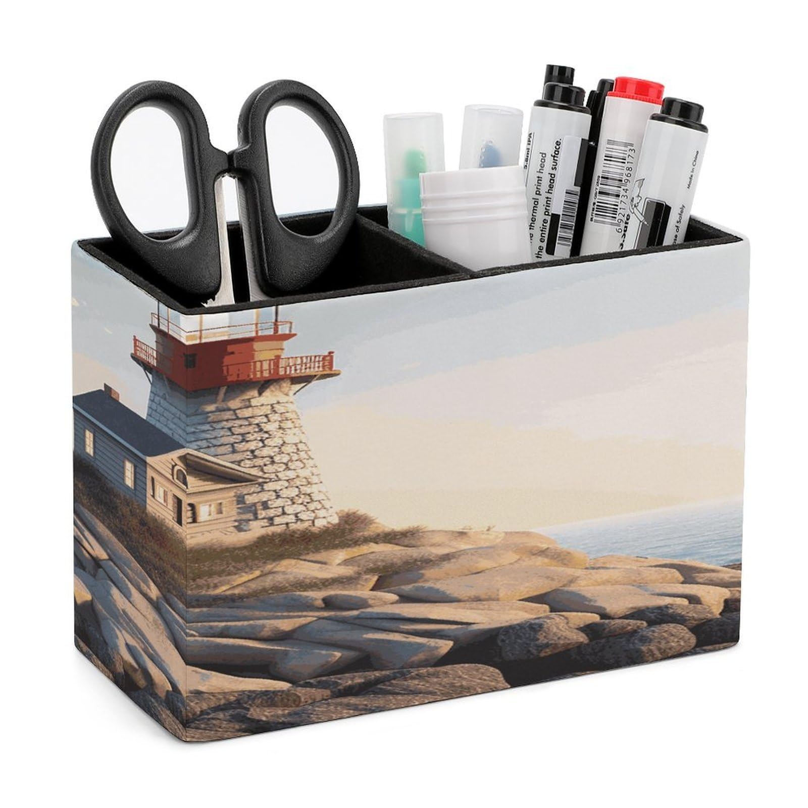 VstaDank 3D Seaside Lighthouse Pencil Holder for Desk(Double Slots) Fashion Leather Pencil Cup Simple Rectangular Shape Pen Holder Multi-Functional Pen Cup for Home Office Supplies Storage