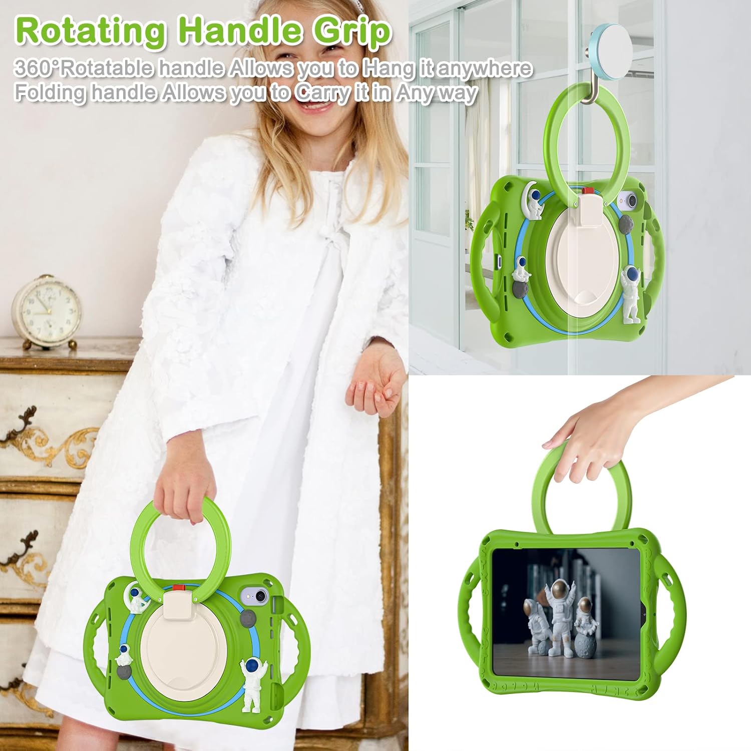 iPad Mini 6 Case - iPad Mini 6th Generation Case for Kids, Durable Shockproof, 360° Rotating Handle, Folding Grip, Secure Stand, Kickstand, and Handy Shoulder Strap - Green Astronaut Design