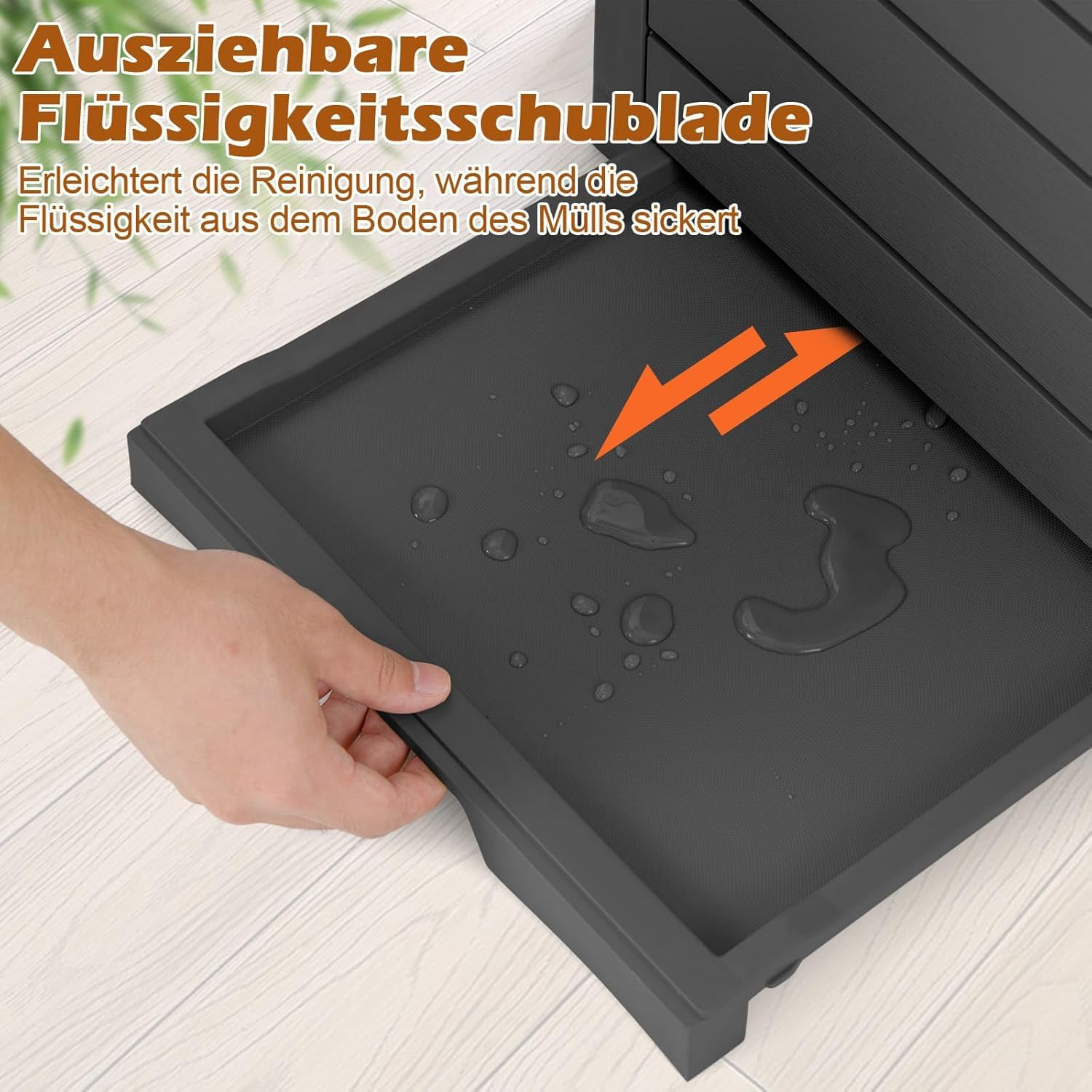 FANTASK 118L Mülleimer mit Deckel mit ausziehbarer Flüssigkeitsschale & Griff, Outdoor Mülltonne Abfalltonne Garten in Schwarz, wasserdichter Müllbehälter für Veranda, Hinterhof, Terrasse