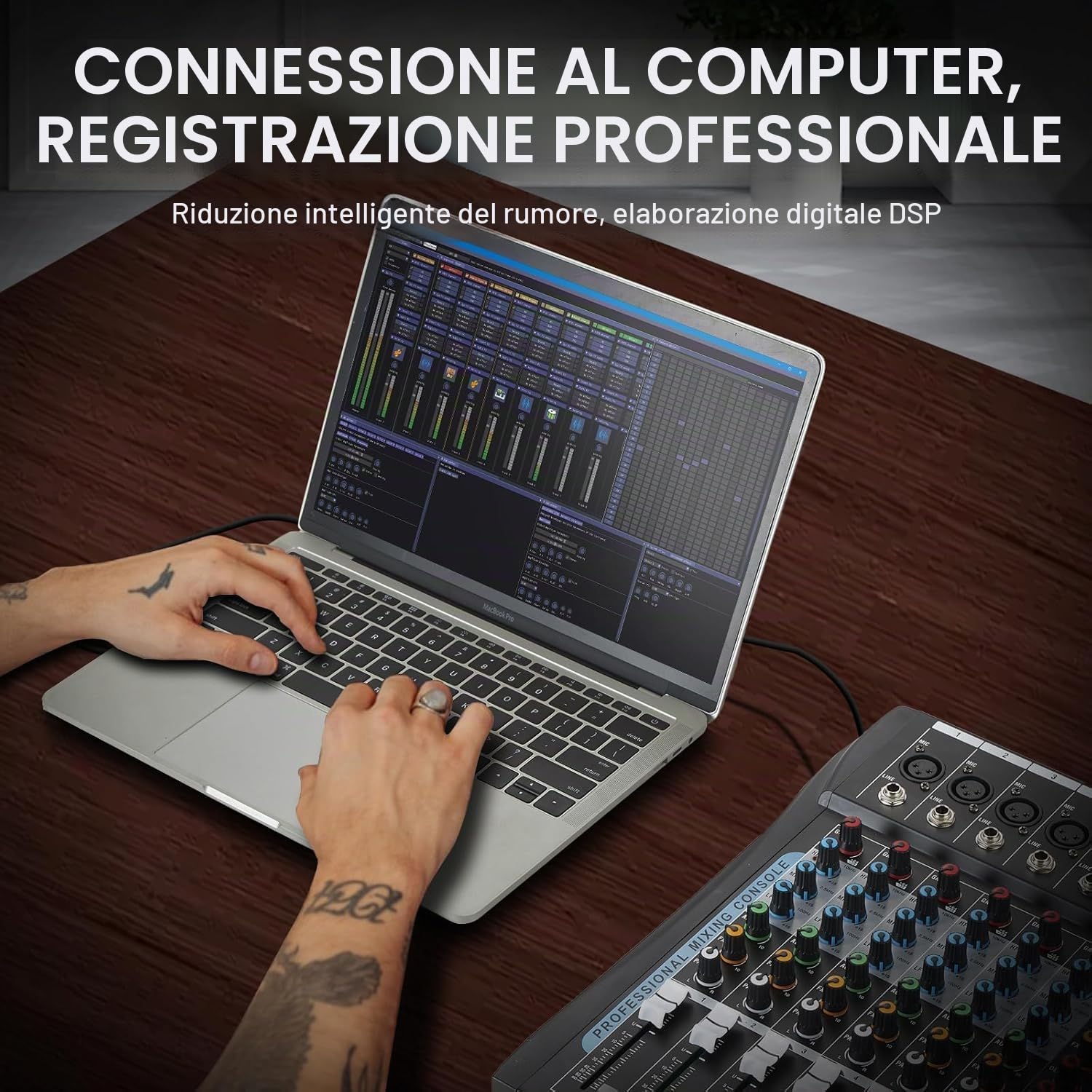 Audio Mixer Professionale a 6 Canali per Streaming Con Effetto 16 DSP, Interfaccia USB e Phantom Power da 48 V - Stereo DJ per PC Recording/DJ Palcoscenico