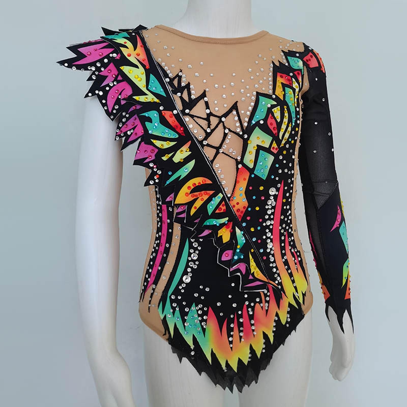 LIUHUO Maillot de gimnasia rítmica con estampado de color, mangas de malla negra, rendimiento de competición