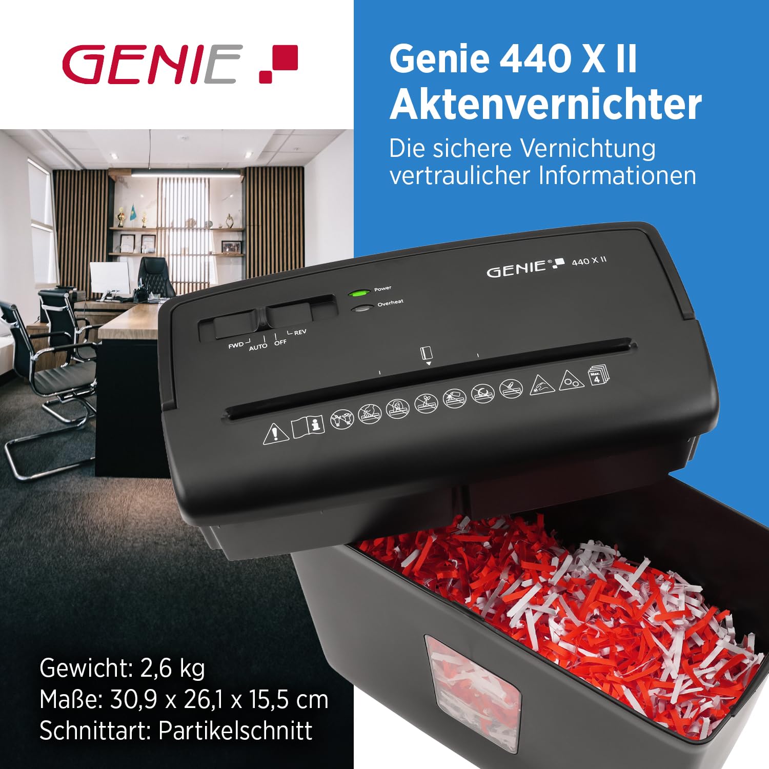 Genie Trituradora de papel P4 440 X II, práctica trituradora de papel con corte en partículas, volumen de recogida de 9 l y parada de arranque automático, trituradora compacta para casa u oficina