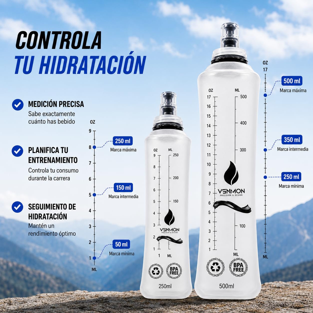 Soft Flask 250ml y 500ml Pack de 4 | Botella Plegable de Agua para Running, Trail Running, Ciclismo y Senderismo | Bolsa de Hidratación Deportiva de TPU Libre de BPA, Válvula Antigoteo