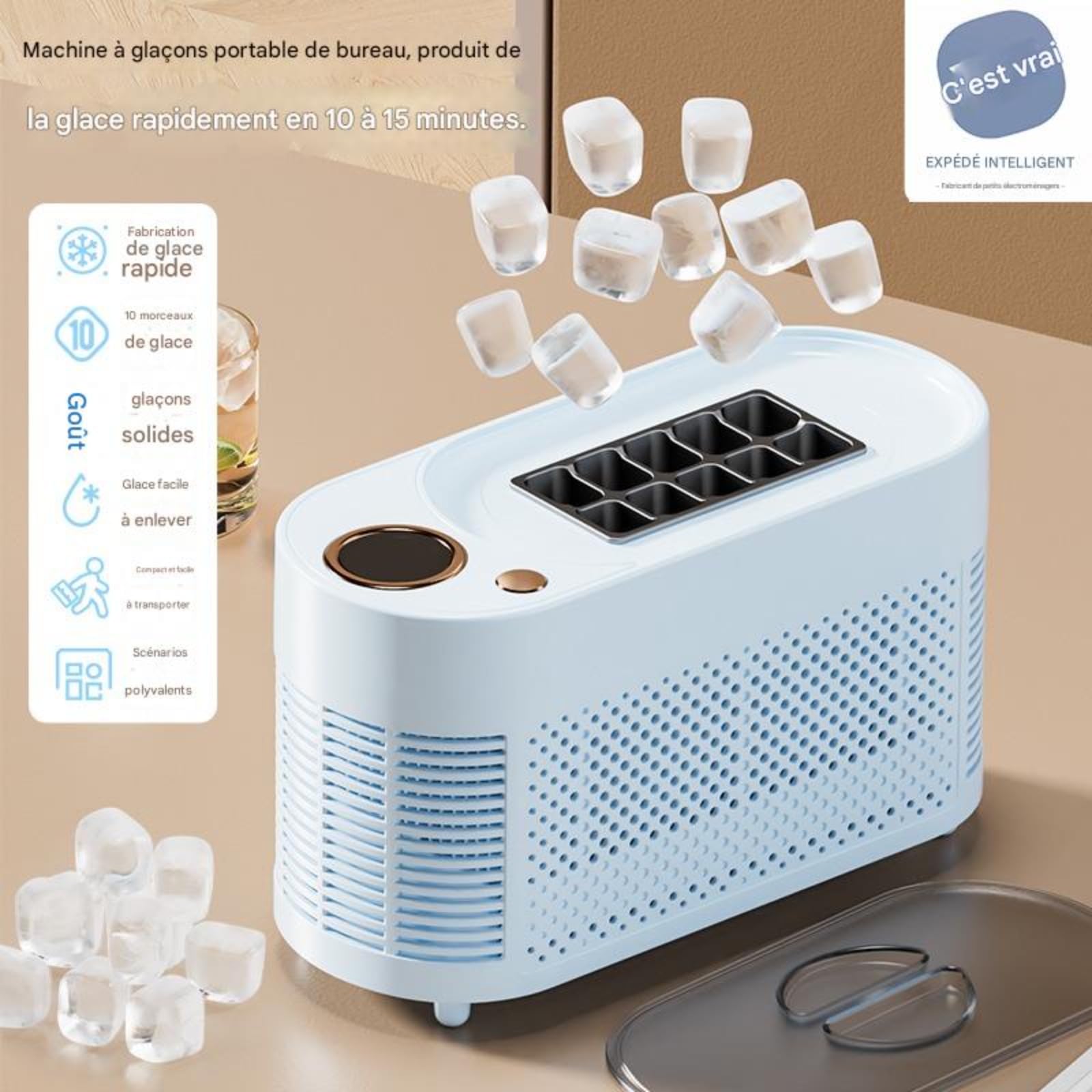 Macchina per ghiaccio portatile, produce rapidamente 10 cubetti di ghiaccio, ideale per casa, ufficio, campeggio e auto, blu