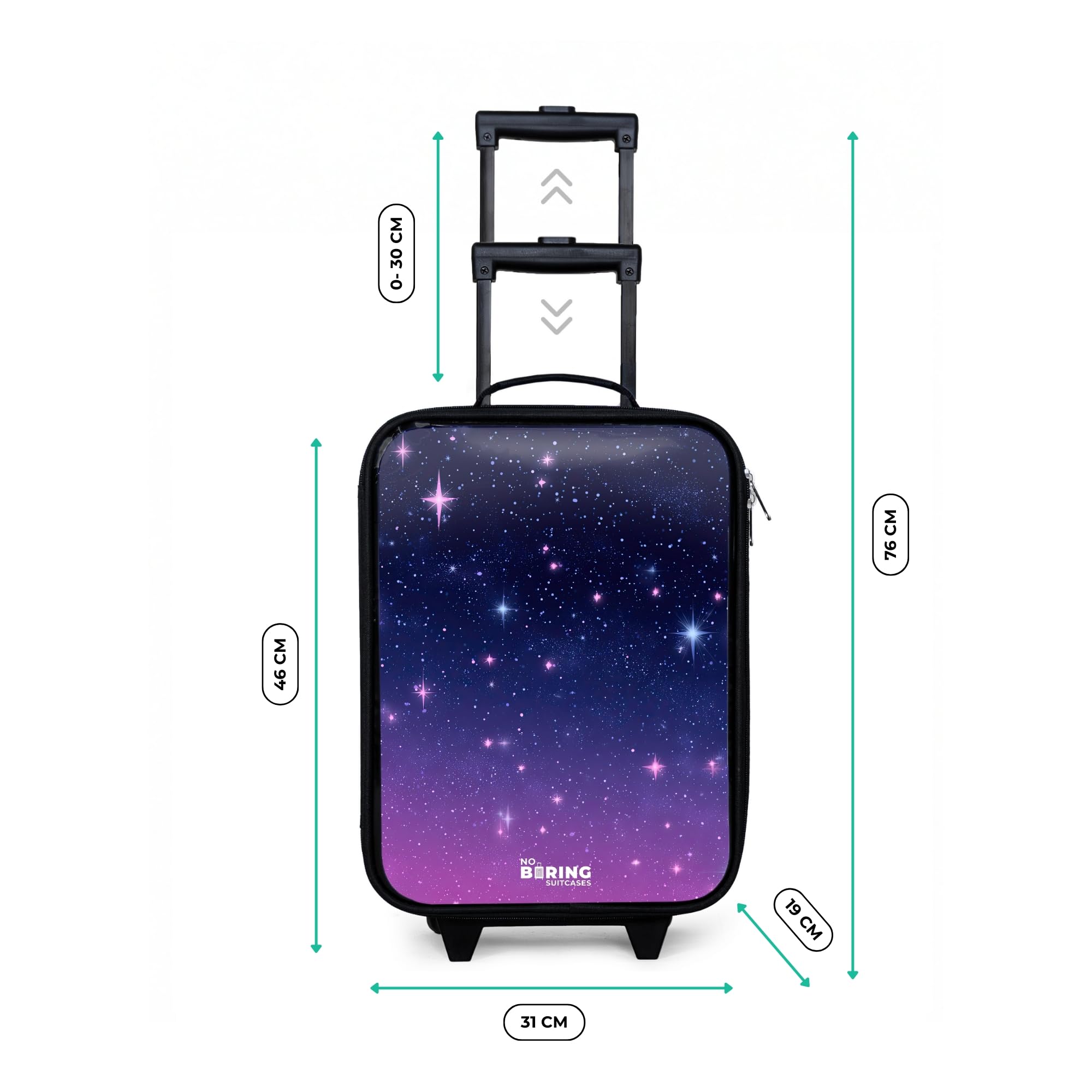 NoBoringSuitcases© Valigia Per Bambini Compatto Bagaglio Ultraleggero | 48x31x19 cm - Trolley A Mano Rigidi LED Ruote Valigie Neonato - Ragazze - Stelle - Galassia - Blu - Rosa