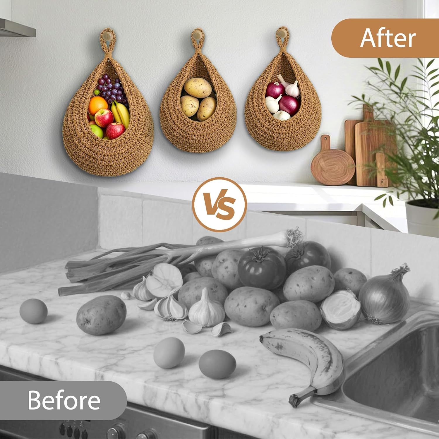 Hanging Fruit Baskets for Kitchen, 3 Pack Boho Cotton Rope Handwoven Vegetable Storage Wall Mounted Large Organizing Basket for Farmhouse Decor, Onion, Potato, Garlic and Plants (Caramel)