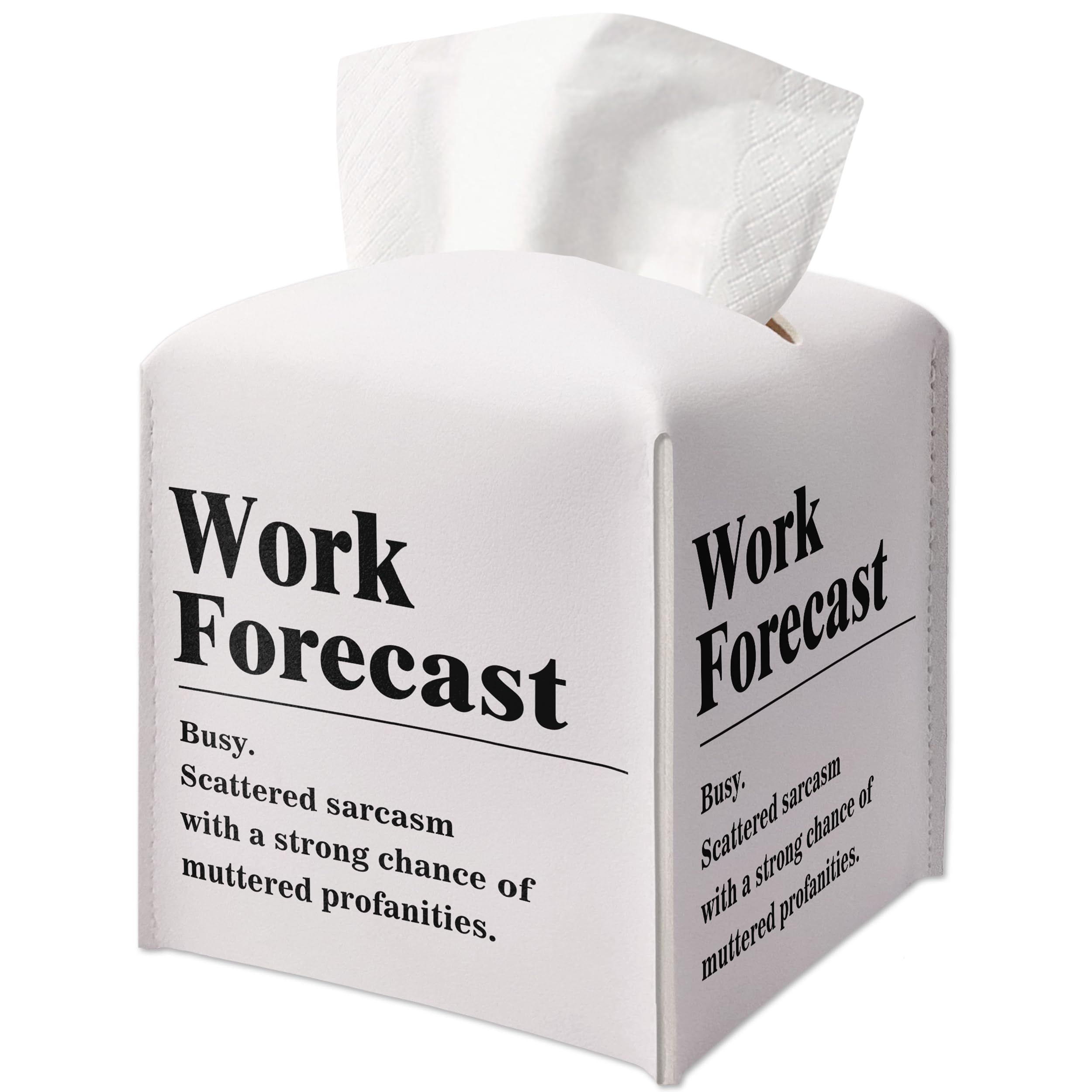 Funny Decorative Tissue Box Cover Square, Tissue Box Cover Holder with Belt Bottom, Sarcastic Work Gifts Ideas for Coworker, Humorous Quote Desk Decor for Bathroom Office-(5.2 Inches) A03