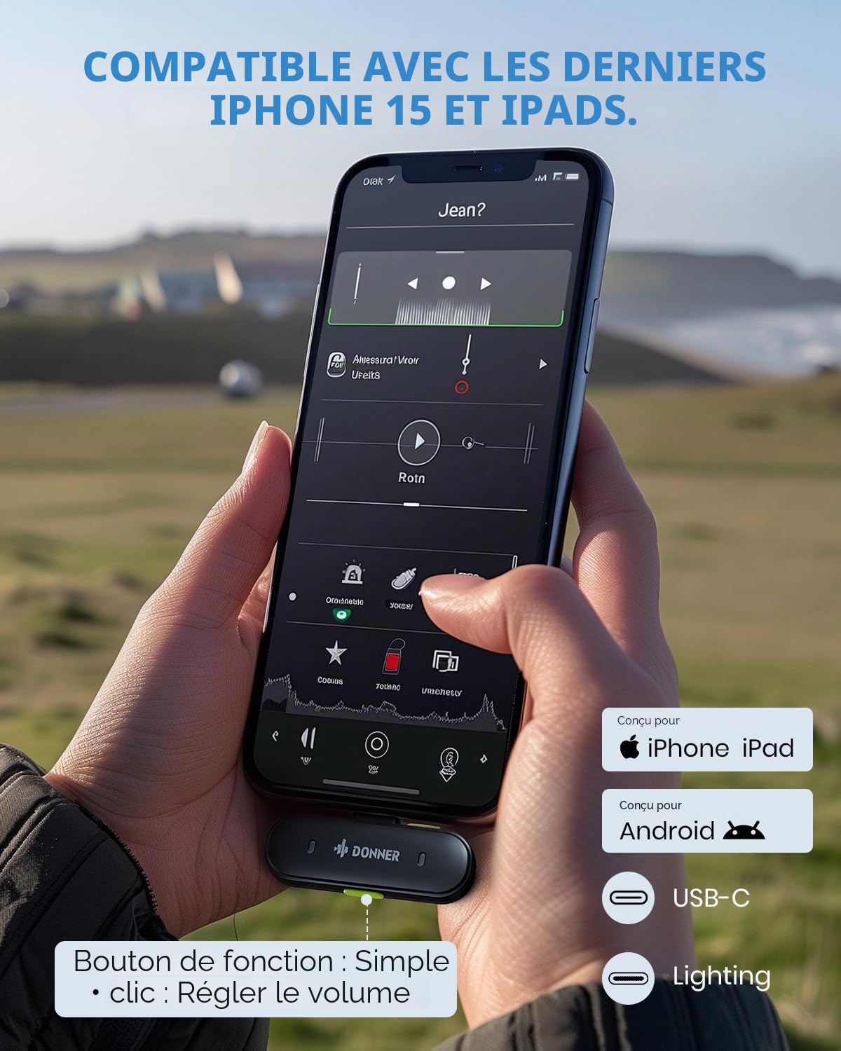 Donner VPM-20 Microphone Cravate sans Fil de Type C pour iPhone 15, Micro Cravate Plug-Play pour iOS et Android avec Suppression du Bruit, 305 m, 40 h, 48 kHz 24 Bits, Mini Micro Professionnel à