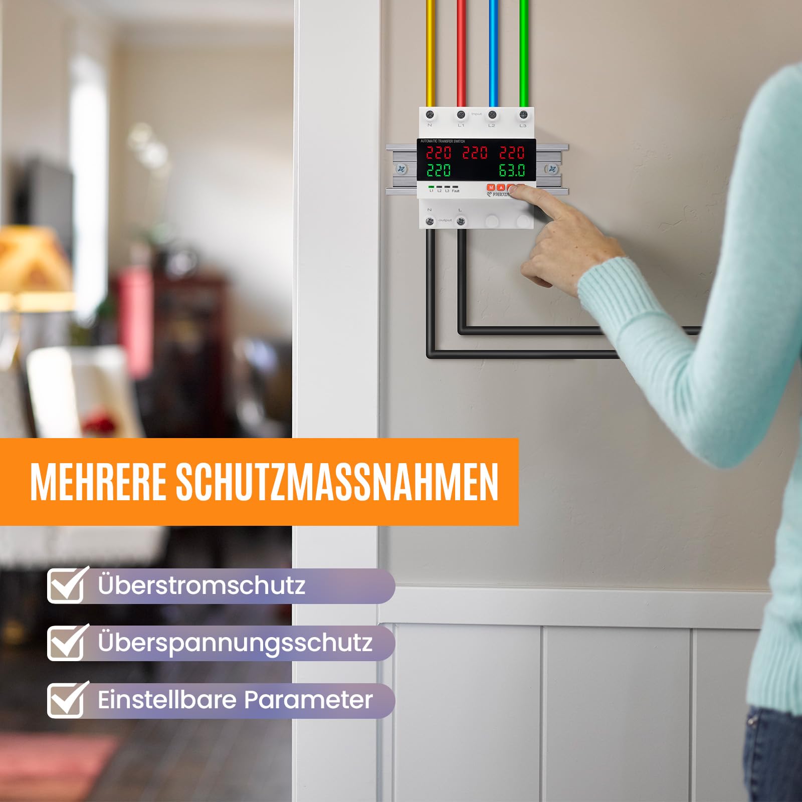 230V Doppelstrom-Automatikumschalter (ATS) - 5-Anzeigen 3-Wege-Stromumschaltung mit Über-/Unterspannungsschutz, Überstromschutz für Netz/Generator/Wechselrichter (63A/100A) (63A)