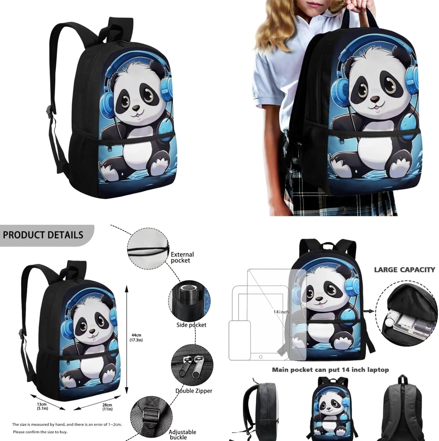 Cartoon Panda School Backpacks for Girls Cute School Bookbags 4 in 1 Kids Backpacks for Girls School Bag with Lunch Box Set Scratch Resistant Water Bottle Cover Back-to-School Gifts