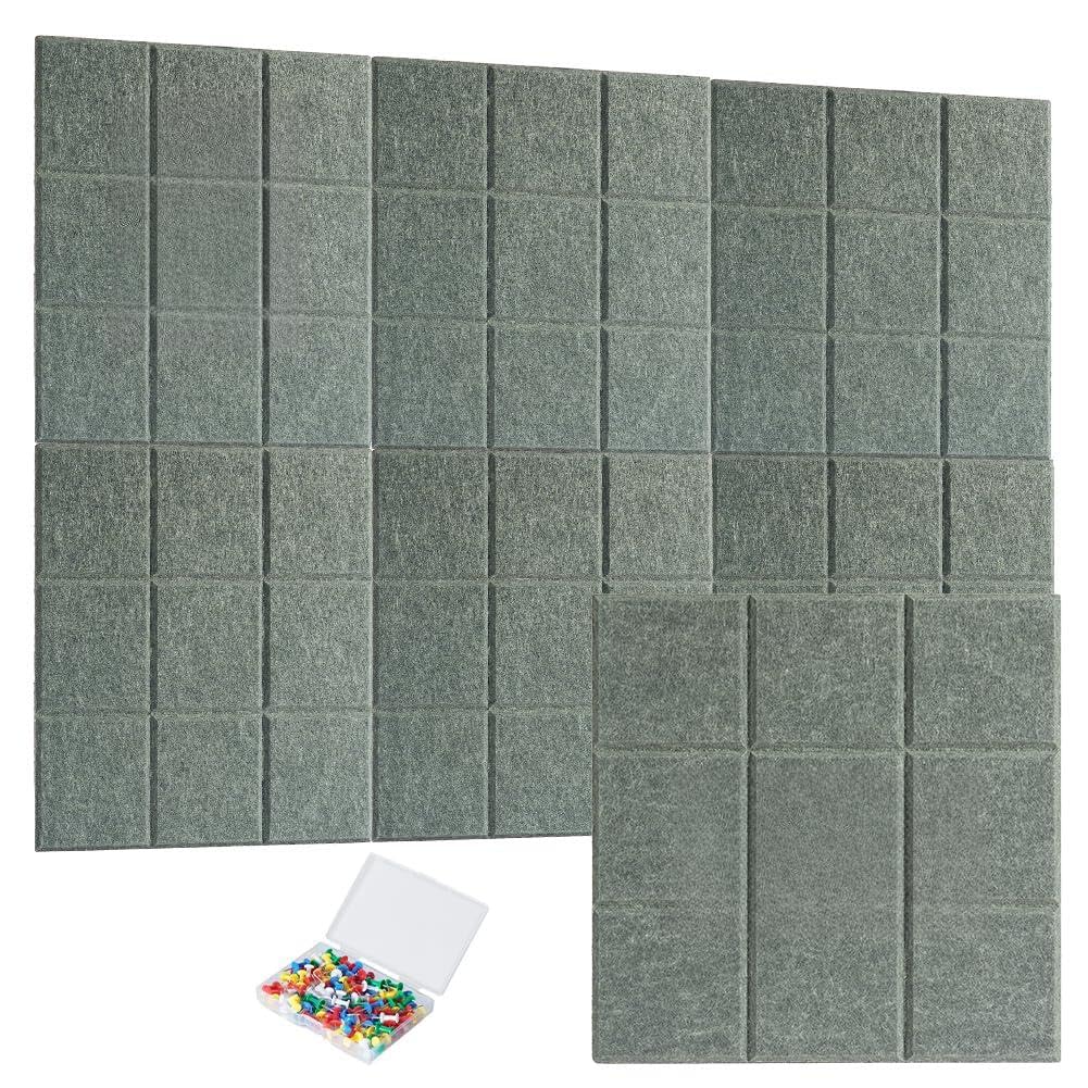 AOOSU Felt Cork Board Tiles 6 Pack, 30x30 cm Self Adhesive Wall Panels, 9mm Thick Sound Absorbent Boards with 100 Colored Push Pins for Home Office School Bedroom Wall Decor