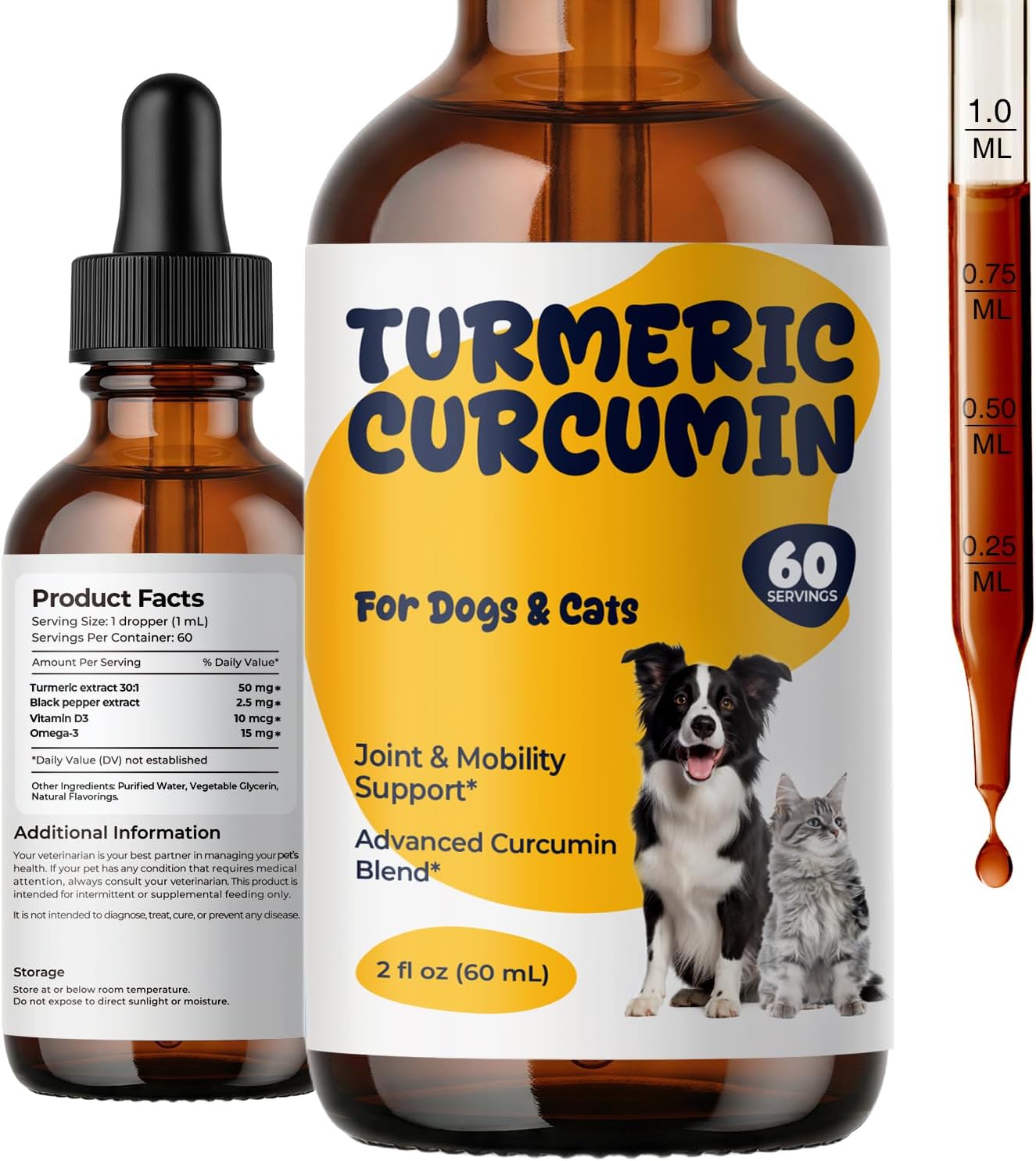 Turmeric Curcumin Drops for Dogs & Cats, Joint Comfort & Mobility Support, High Absorption Liquid Turmeric with Black Pepper, Omega-3 & Vitamin D3, Helps Maintain Flexibility & Daily Movement, 2 fl oz