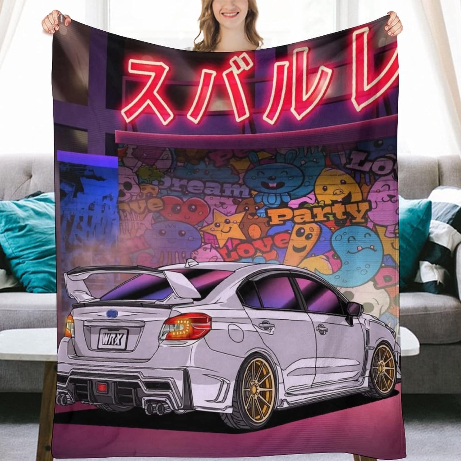 Neon WRX Car White Street Back JDM Art Blanket Super Soft Flannel Lightweight Cooling Blankets for Boys and Girls Flannel Soft Bedding 50"*60"（130 * 150cm）