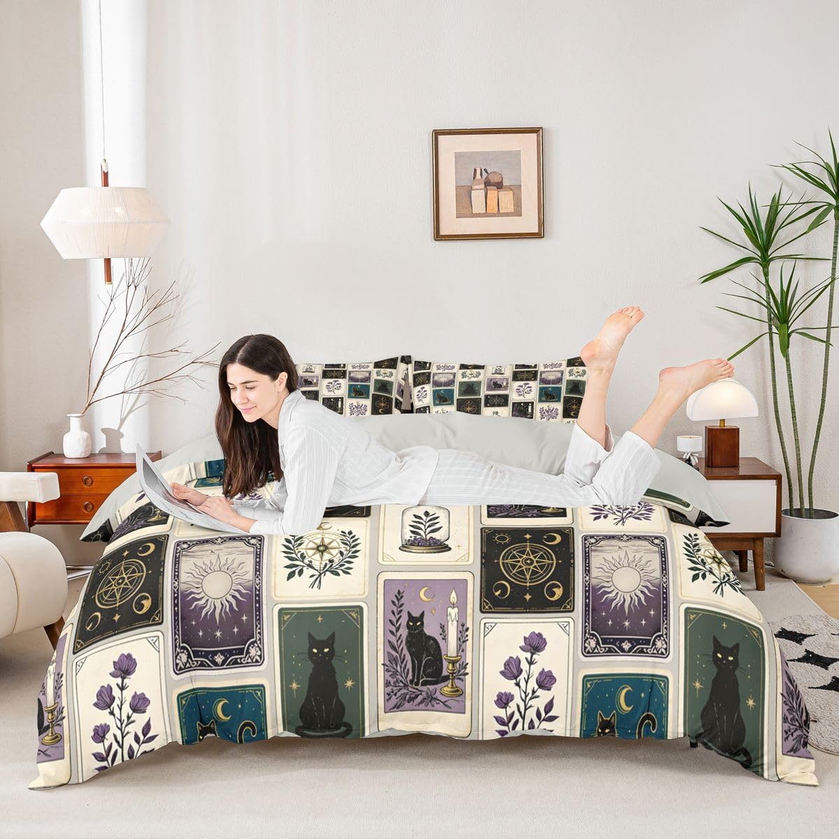 Vintage Tarot Card Bedding Set Toddler Size Mysterious Black Cat Duvet Cover Set 2Pcs for Kids Girls Boys Room Decor Moon Starry Bohemian Floral Soft Purple Beige Quilt Cover,1 Pillowcase(No Core) image 3
