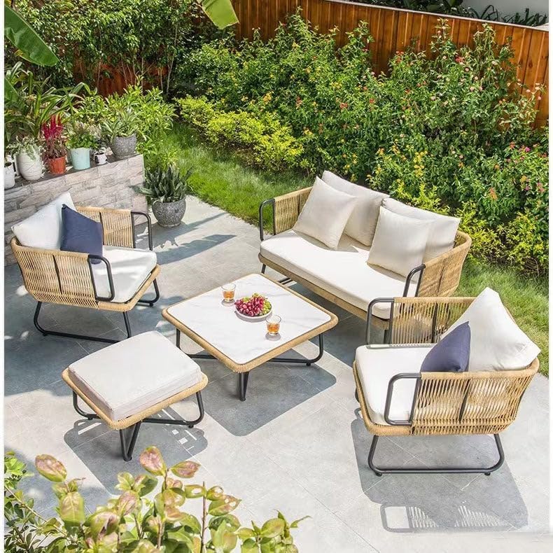 DEVOKO Outdoor 5pcs All-Weather Rope Sofa Conversation Set with Cushioned Chair, Ottoman & White Marble Center Table for Garden, Terrace, Balcony, Poolside (Beige & White)