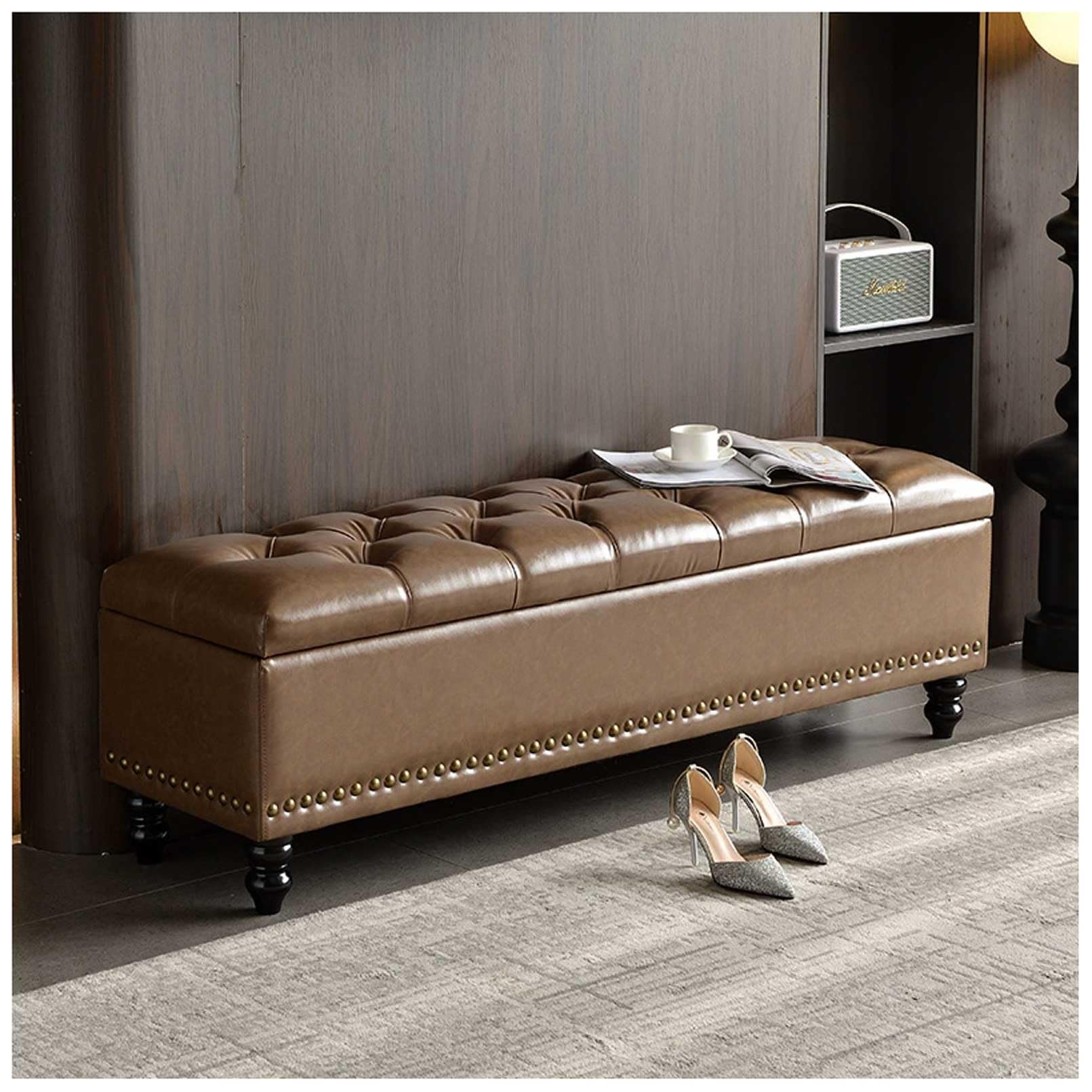 MSHGSKU Wooden Frame Storage Bench 330kg Capacity Brown Ottoman Footrest Bed End Pouf Shoe Bench 47x15.7x16.9in Stylish Bedroom & Entryway Furniture