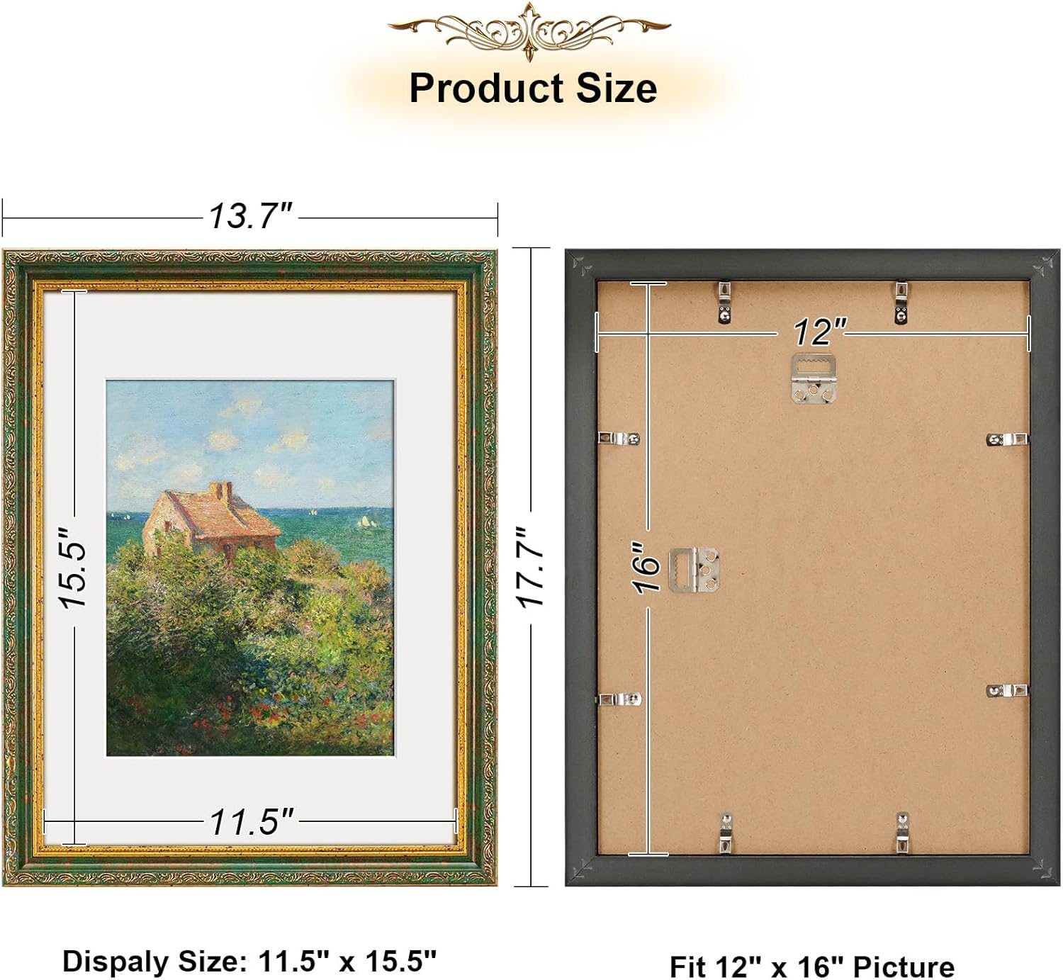 Vintage 12x16 Picture Frame,Antique Gold Photo Frames with PlexiglassFront,Ornate Picture Frames Display 8.5x11 with Mat or 12x16 Frame Without, Wall or Décor,1 Pack,Green