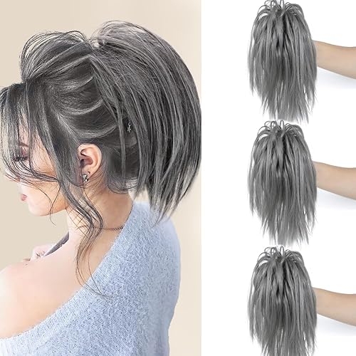 3 piezas de cabello gris desordenado con clip de garra, moño de cabello con moño, extensiones de cabello ondulado y rizado, extensiones de cola de