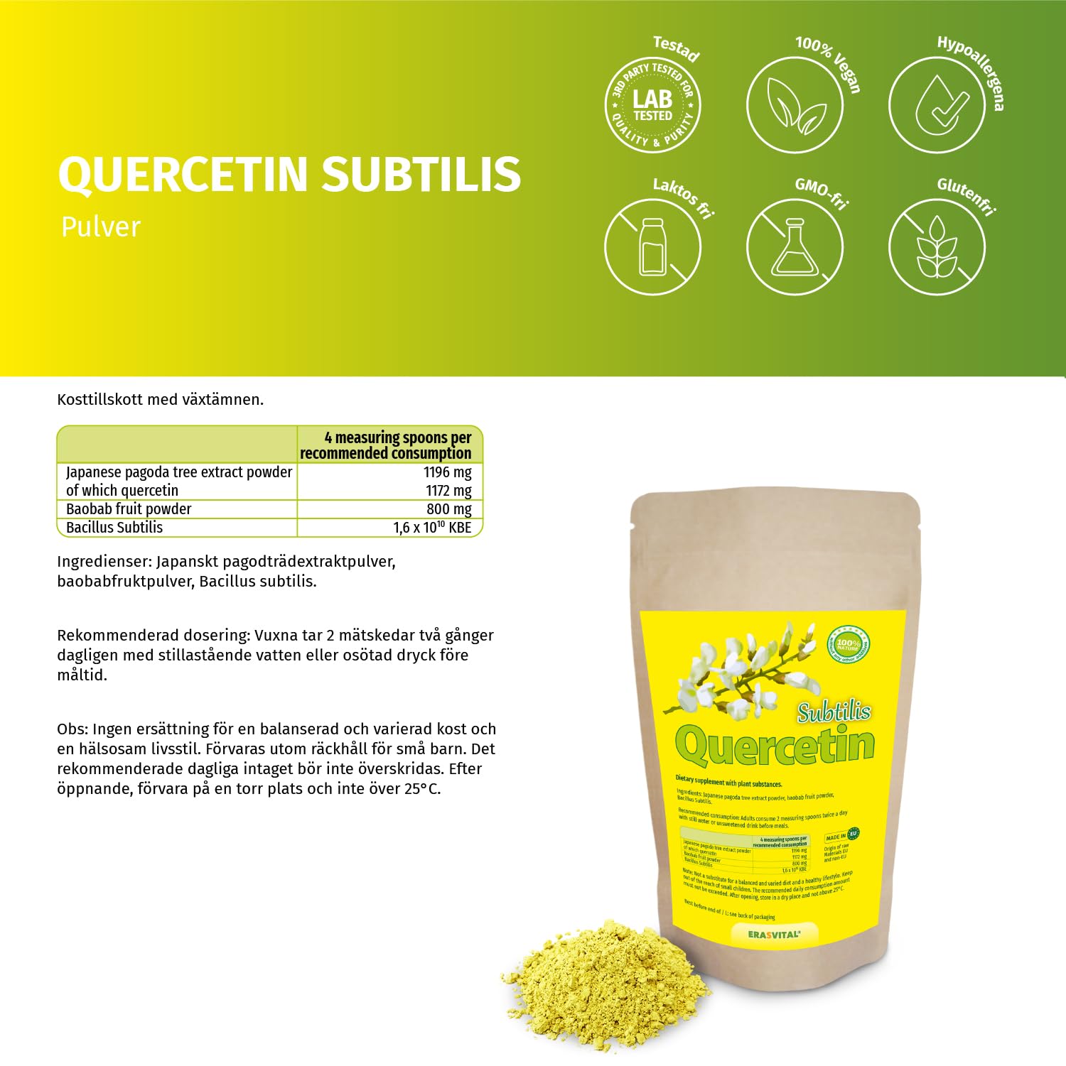 Quercetina Subtilis en polvo con acompañantes importantes - Baobab Fruta en polvo (un buen proveedor de vitamina C) y Bacillus Subtilis (para el equilibrio de la microflora intestinal). Vegano (500 g