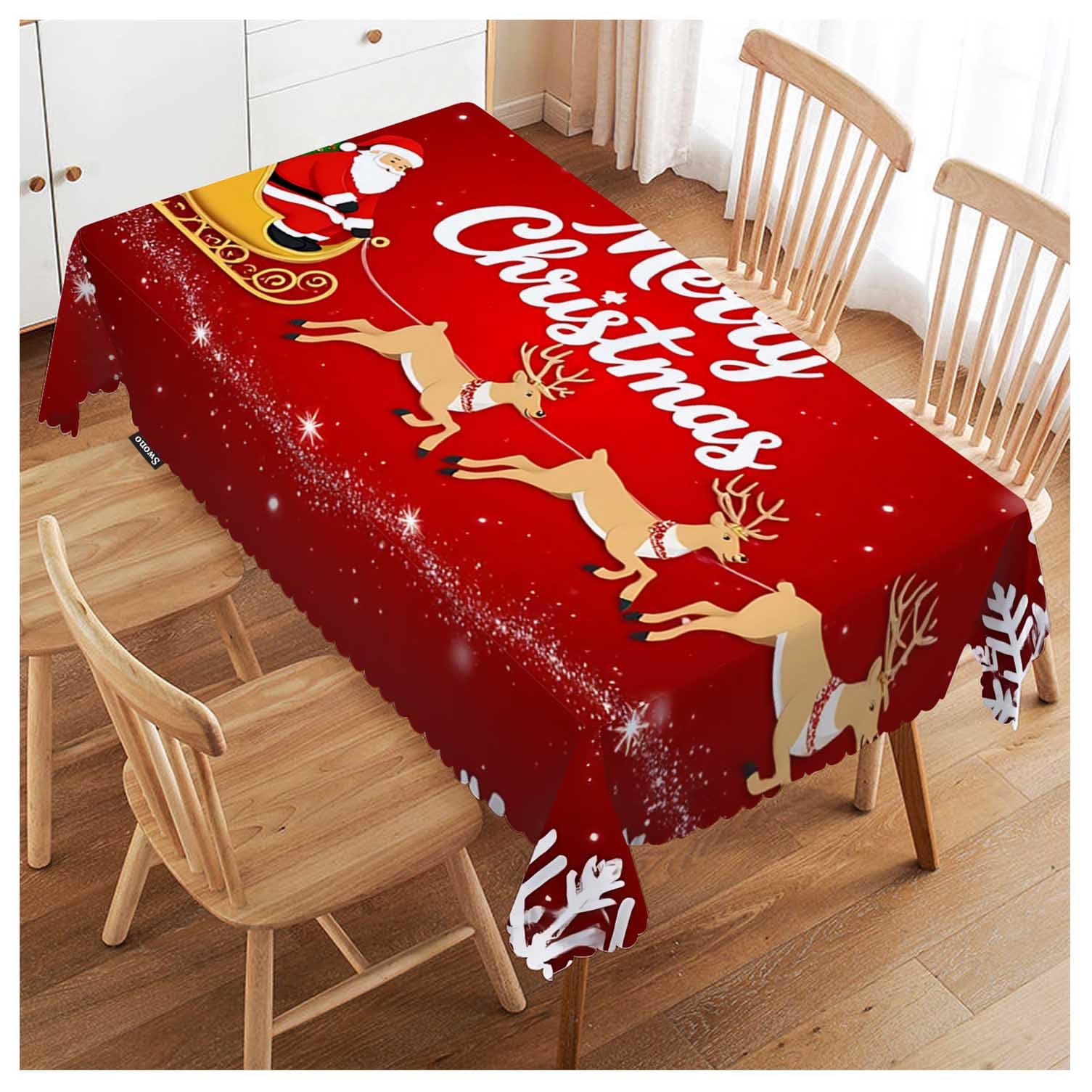 Santa Claus 52"X70" Oblong Table Cloth Christmas Santa On Sleigh Snowflakes Wrinkle Free Table Cover Farmhouse Tablecloth for Home Restaurant Picnic Indoor Outdoor Dining, Red