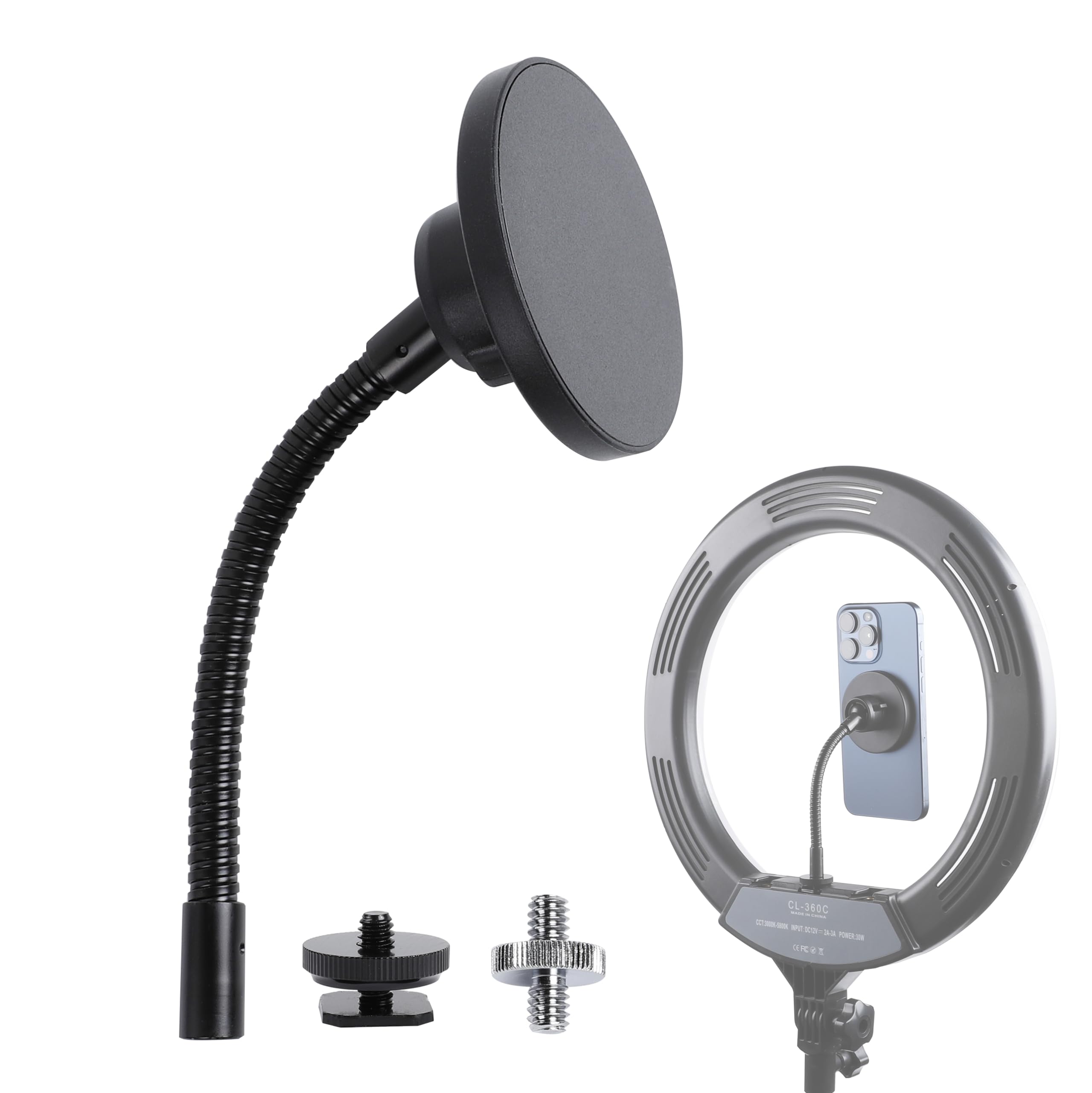 LeenconghuiSuper Magnetic Phone Holder for Ring Light and Tripod Stand with 1/4'' and Hot Shoe Adapter, Flexible Cell Phone Tripod Mount Adapter for MagSafe iPhone 15 14 13 12 Series