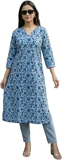 INDO ERA Women's Blue Cotton Floral Printed Kurta Price In India