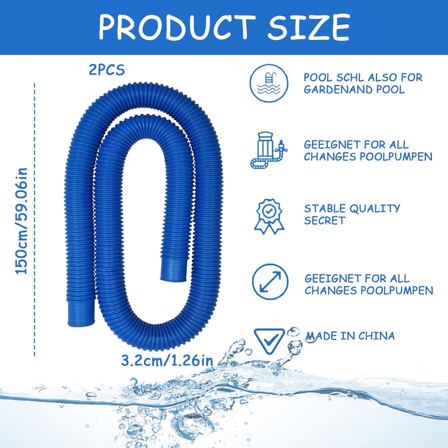 2 mangueras de repuesto de 32 mm para piscina fuera del suelo, manguera de repuesto de piscina con 4 abrazaderas de manguera de metal, manguera de filtro de piscina para piscinas sobre el suelo (BLUE)