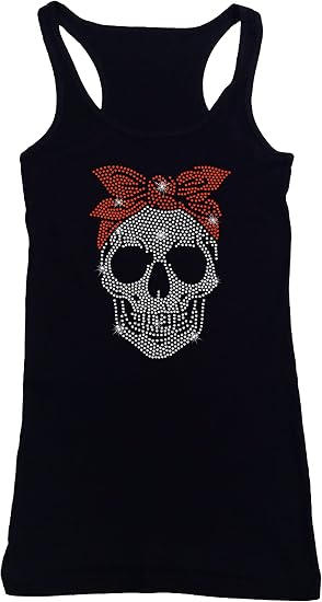Women's Rhinestone Fitted Tight Snug Shirt Girl Skull w Red Bandana - Skeleton