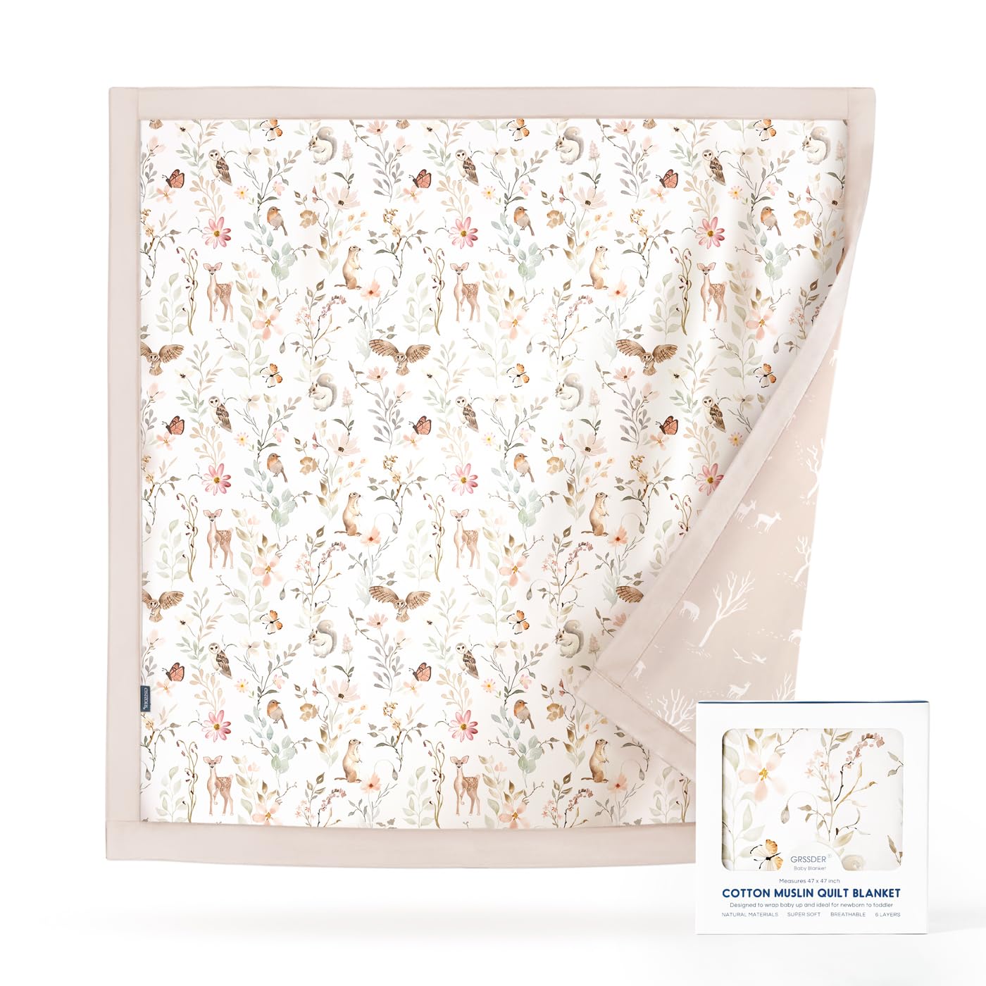 GRSSDER Muslin Cotton Quilt Blanket - Silky Soft and Breathable Baby Blanket Quilt, Oversized Muslin Blankets for Newborns, Toddlers &amp; Kids, 6 Layers Reversible Design for All Seasons, 47" x 47"