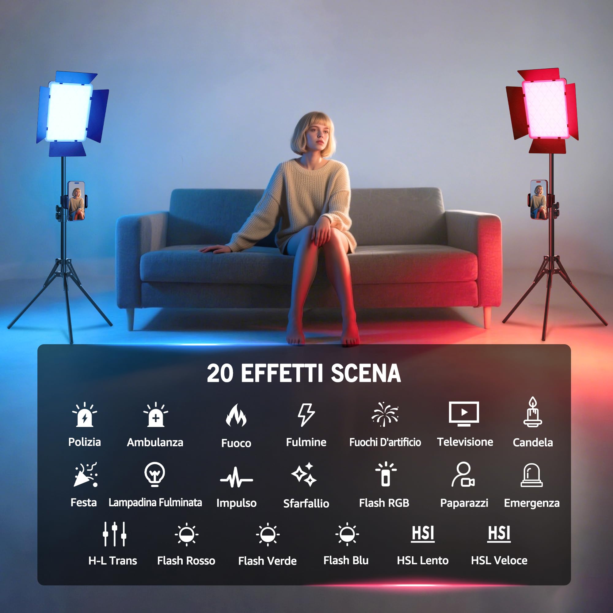 NiceVeedi Luce video RGB da 15 pollici, illuminazione da studio fotografico da 40 W con telecomando e supporto per telefono, 2700K-6500K dimmerabile LED Panel Light con 20 SCENES/RGB/CCT/HSI Modalità