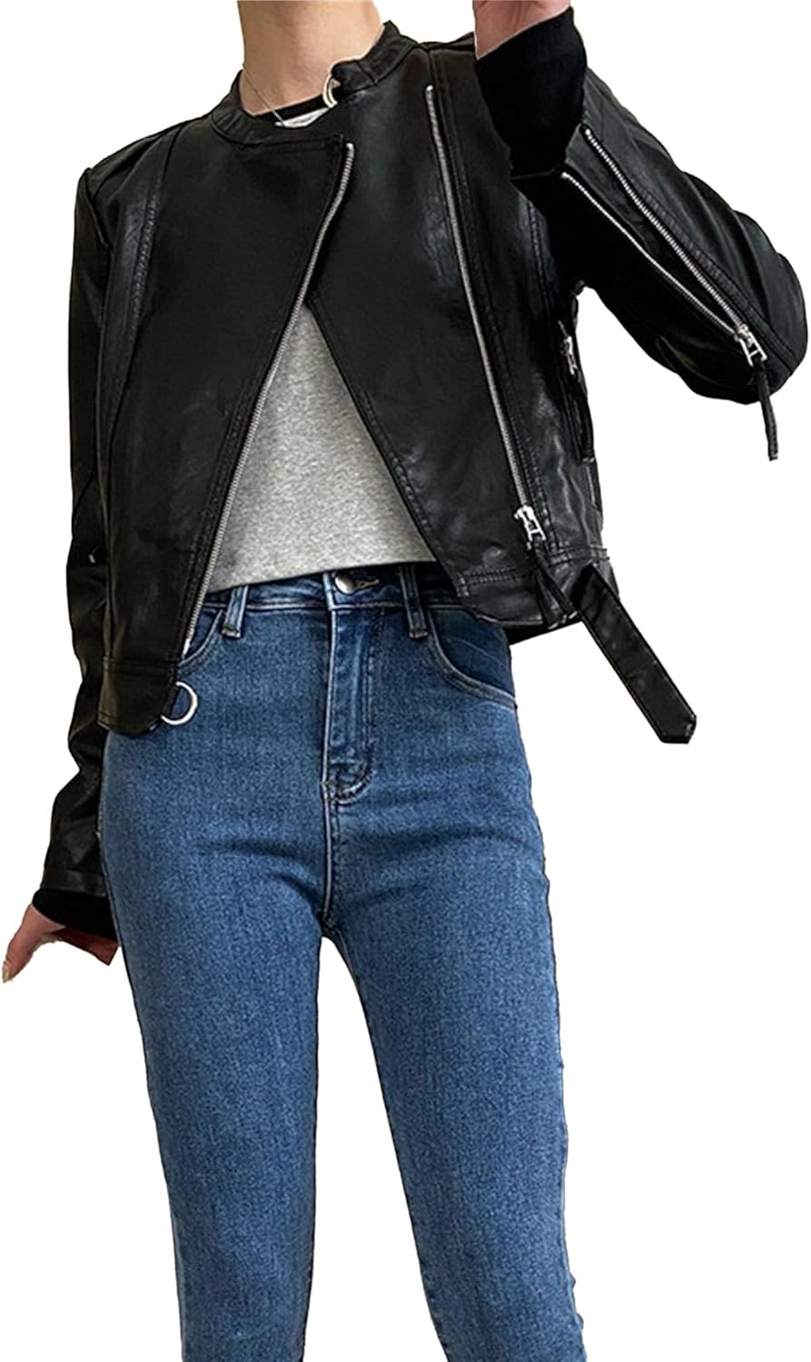 Women's Classic Zip Up Moto Biker Coat Stand Collar Faux Leather Casual Coat Jacket Long Sleeve Fall Outerwear