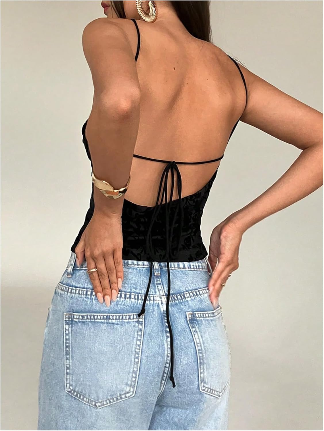 MakeMeChic Women's Floral Cami Top Sleeveless Cut Out Open Back Summer Halter Tops - Image 2