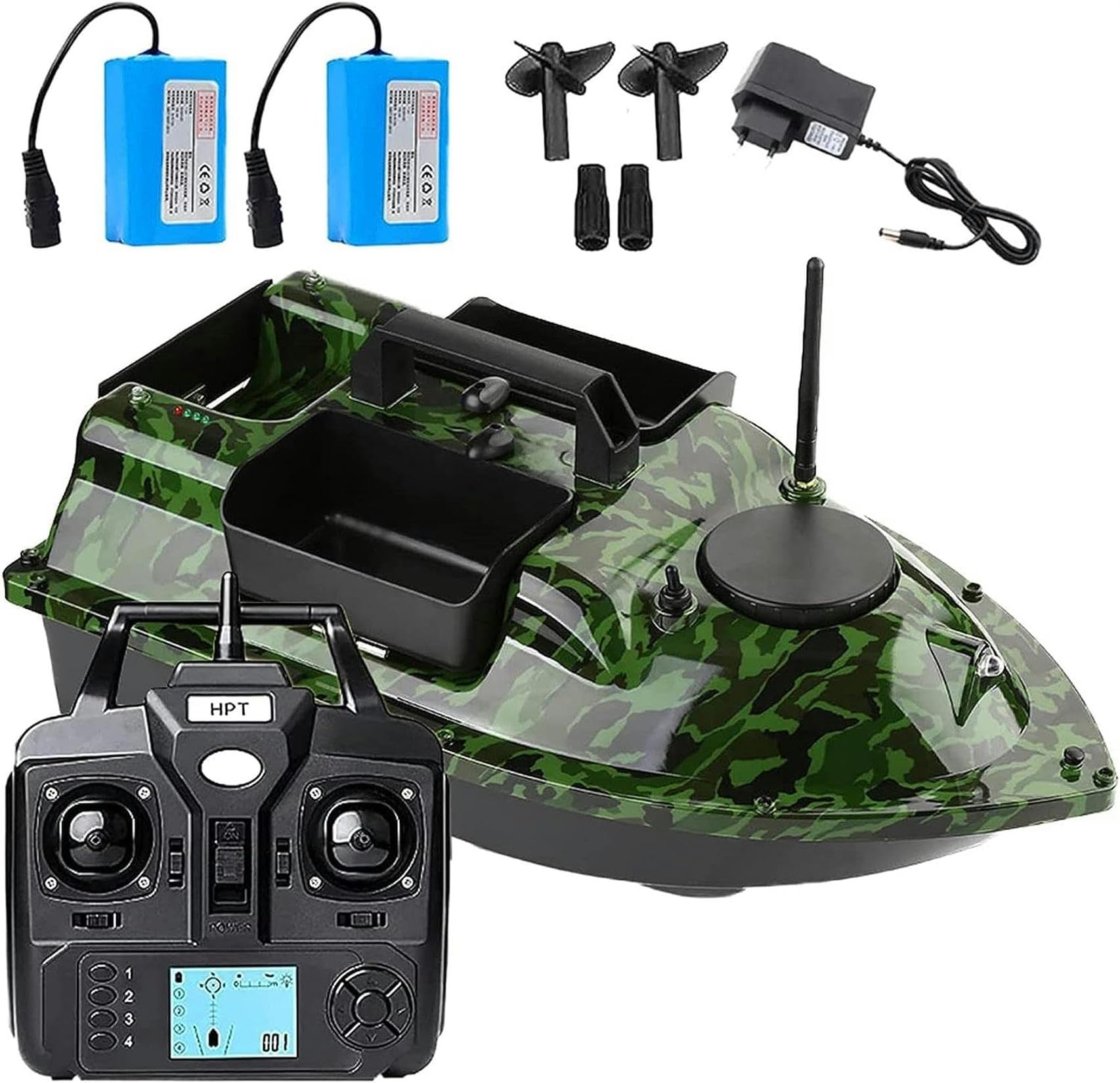 Barca Esca Telecomandata da Pesca, Barchino Carpfishing per Piscine & Laghi, Fish Bait Boat 500m GPS Crociera a Doppio Motore Crociera Automatica, Tre Contenitori Esca, Capacità di Carico di 2kg