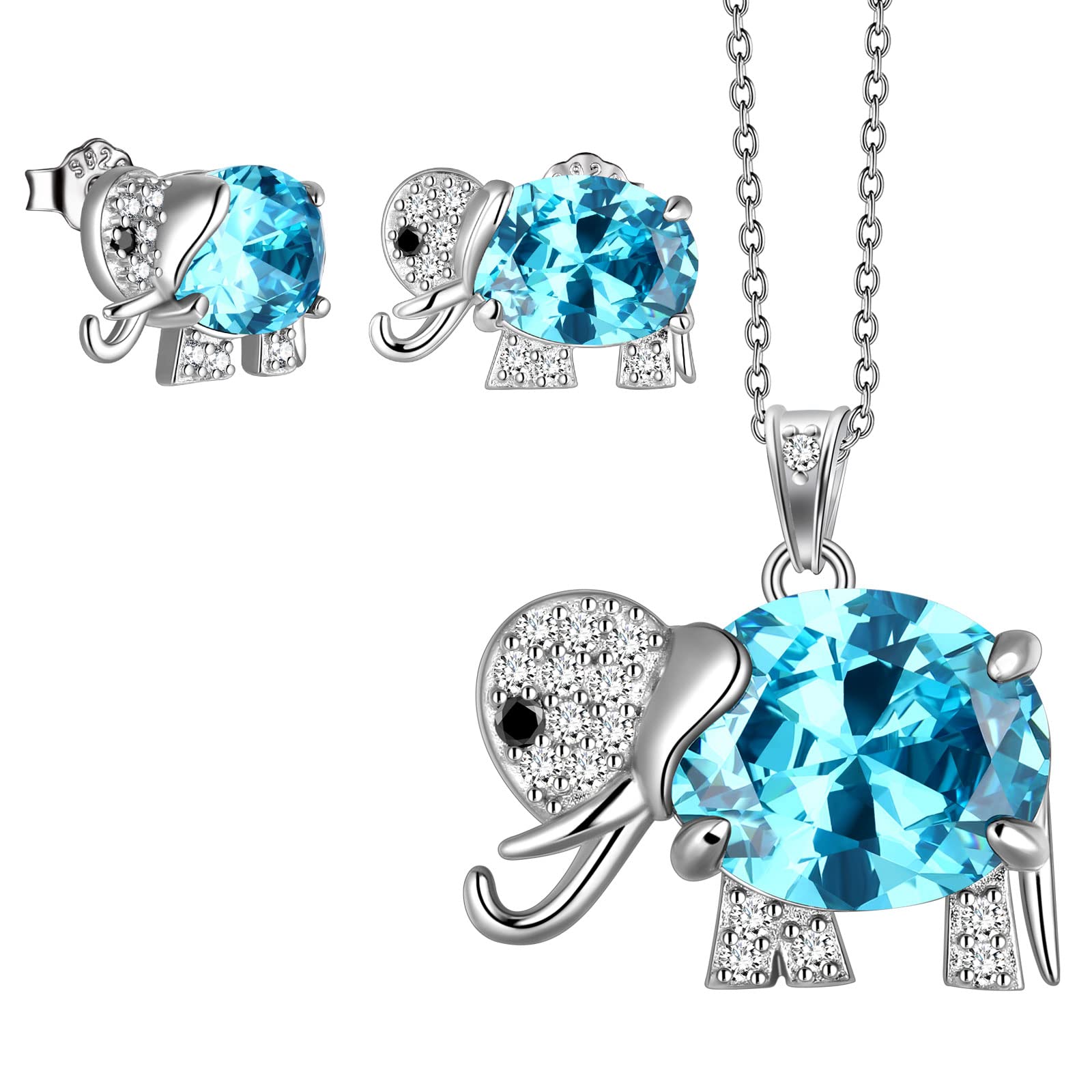 Lucky Symbol Animal Elephant Ring Birthstone Open Ring White Gold Over Sterling Silver Cute Elephant with Birthstone Jewelry Set for Women Girls Christmas Gift Wife Girlfriends Valentine Day Gift