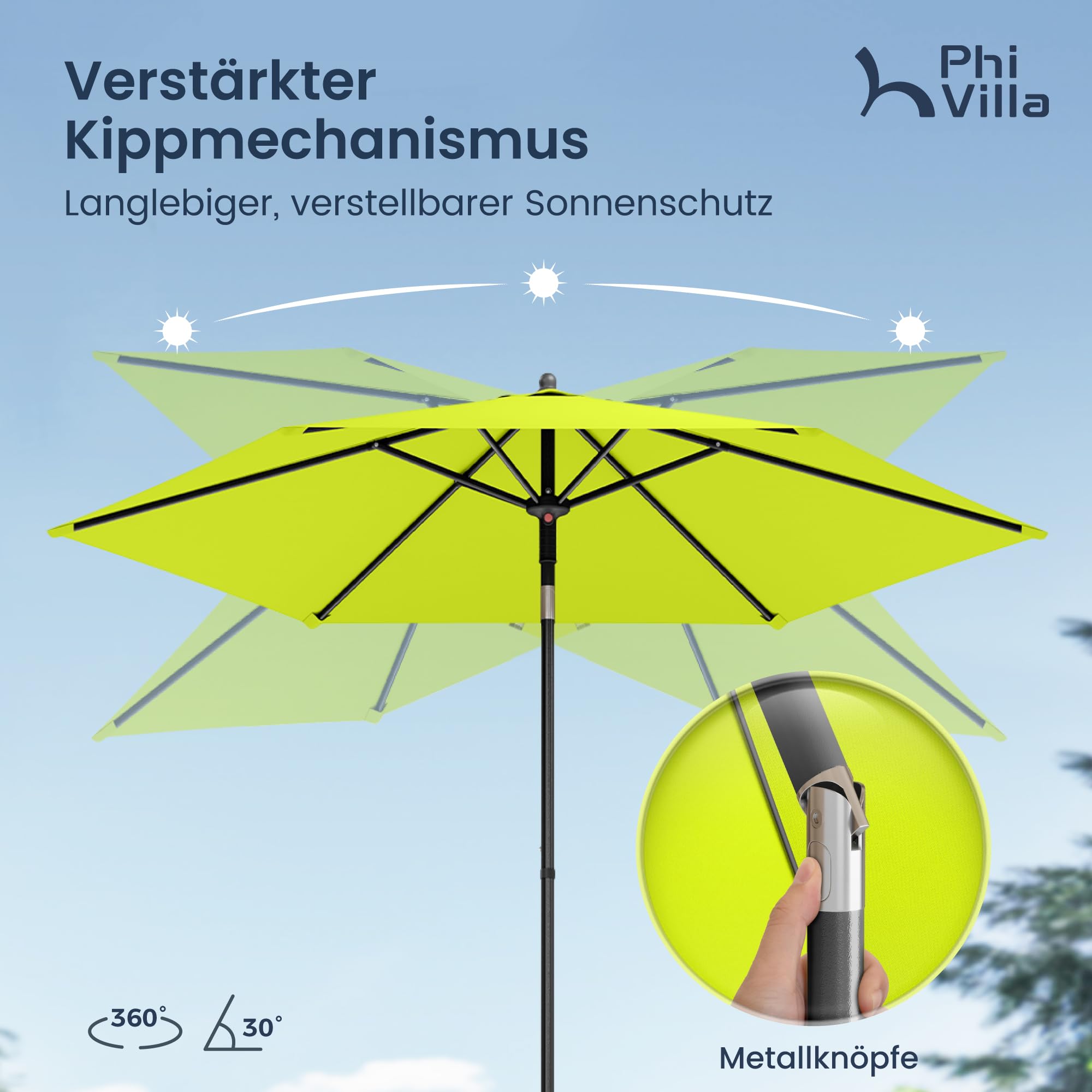 PHI VILLA Ø 230 x 220 cm Parasol rond avec pince Parasol de jardin inclinable coupe-vent stable à emporter Protection UV50+ pour balcon, terrasse, balustrade de balcon, table