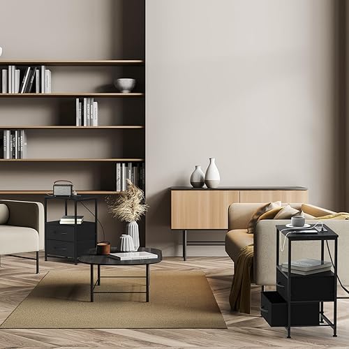 Miniatura 2 de DOMYDEVM Mesita de noche con estación de carga, moderna mesa auxiliar con puertos USB y tomacorrientes, mesa de noche negra con 2 cajones de