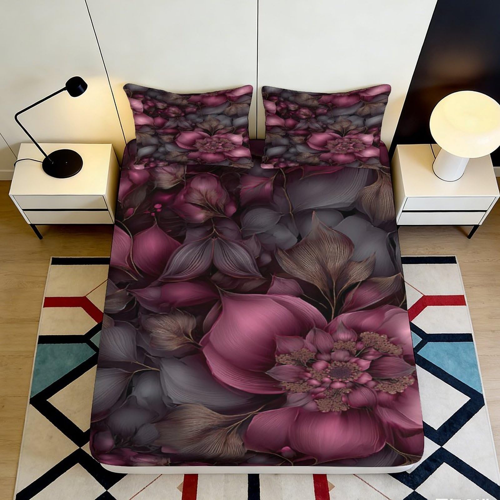 3D Printed Burgundy Floral Fitted Sheet Microfiber Anti-Slip Mattress Cover for Bedroom Guest Room Decor 120x200cm 200x200x25cm