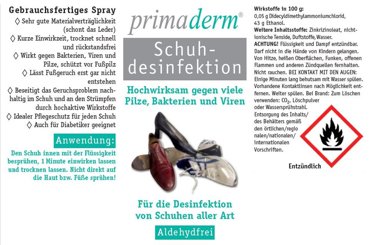 PrimaDerm Schuhdesinfektion im Spray, Desinfektionmittel gegen Pilze, Bakterien und Viren in Schuhen, Schuhdeo, 5 L