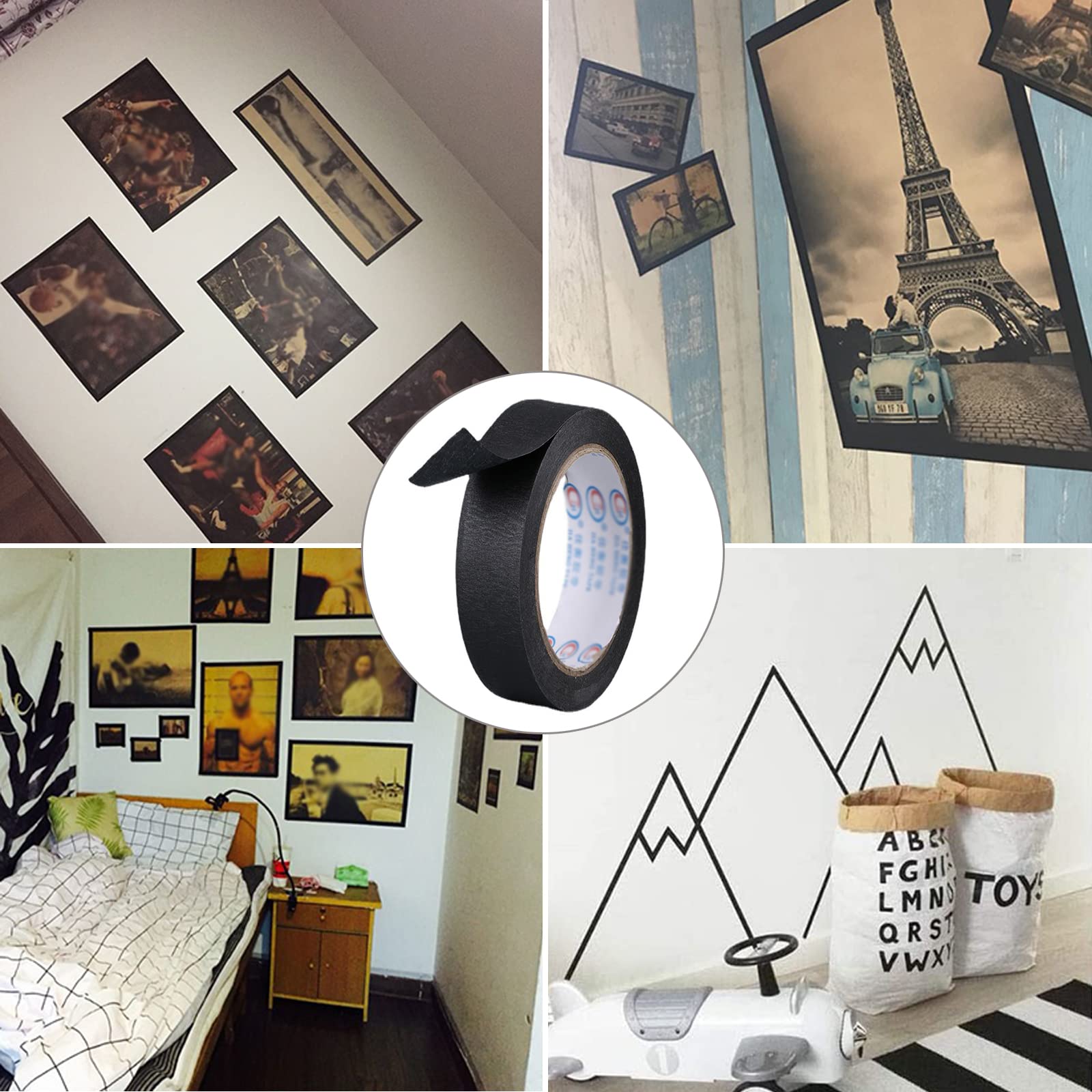 Cinta de Carrocero Cintas Para Pintura Manualidades 10 Rollos de Cinta Adhesiva Decorativa de 15 mm X 20 m, para Manualidades, álbumes de Recortes, Suministros de Arte de Dibujo para Niños (Negro)